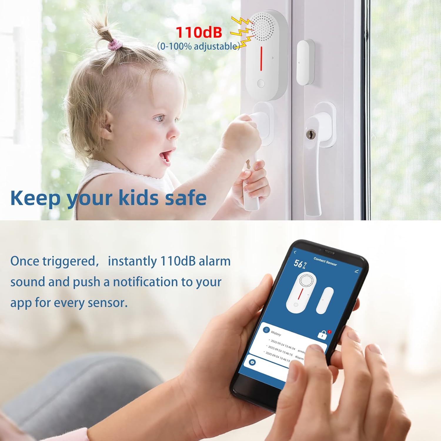 Sensor de alarma WiFi para ventana de puerta con aplicación de 2.4 GHz (con brazo de temporizador y desactivaciónretardo de tiempo) sonido