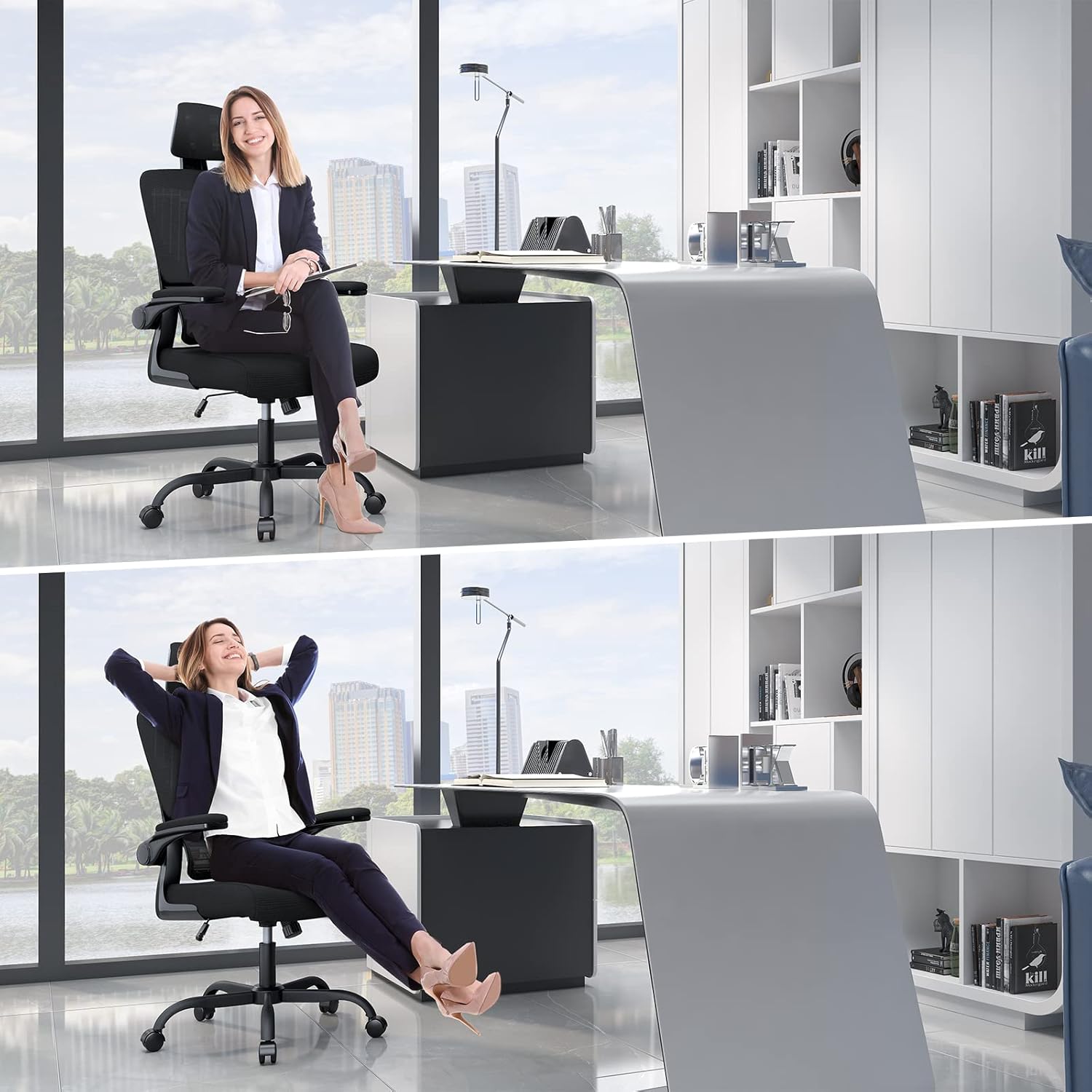 naspaluro Silla de oficina ergonómica, silla de computadora con respaldo alto y soporte lumbar elástico adaptativo, altura ajustable, reposacabezas
