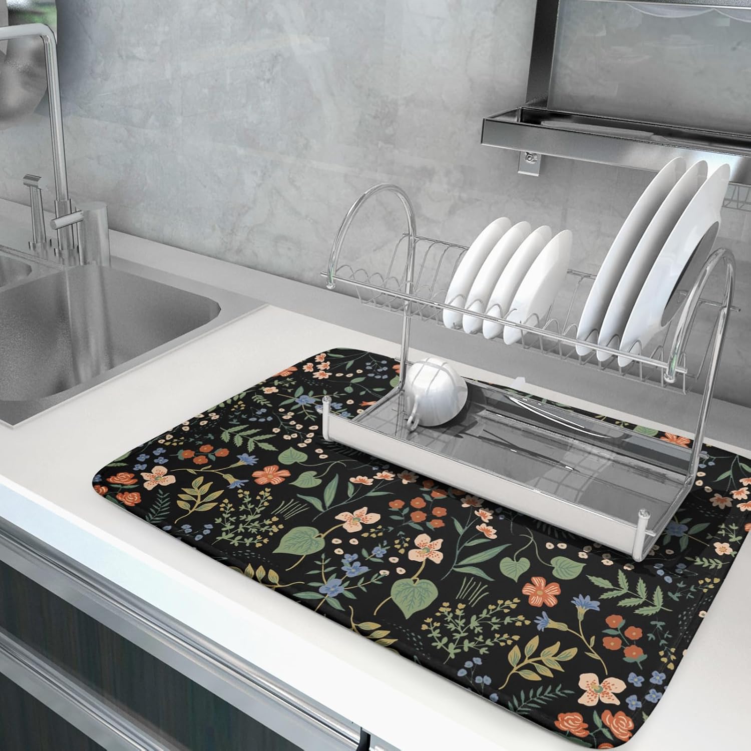 Tapete de secado de platos de flores negras para encimera de cocina, 18 x 24 pulgadas, almohadilla de secado de microfibra reversible absorbente,