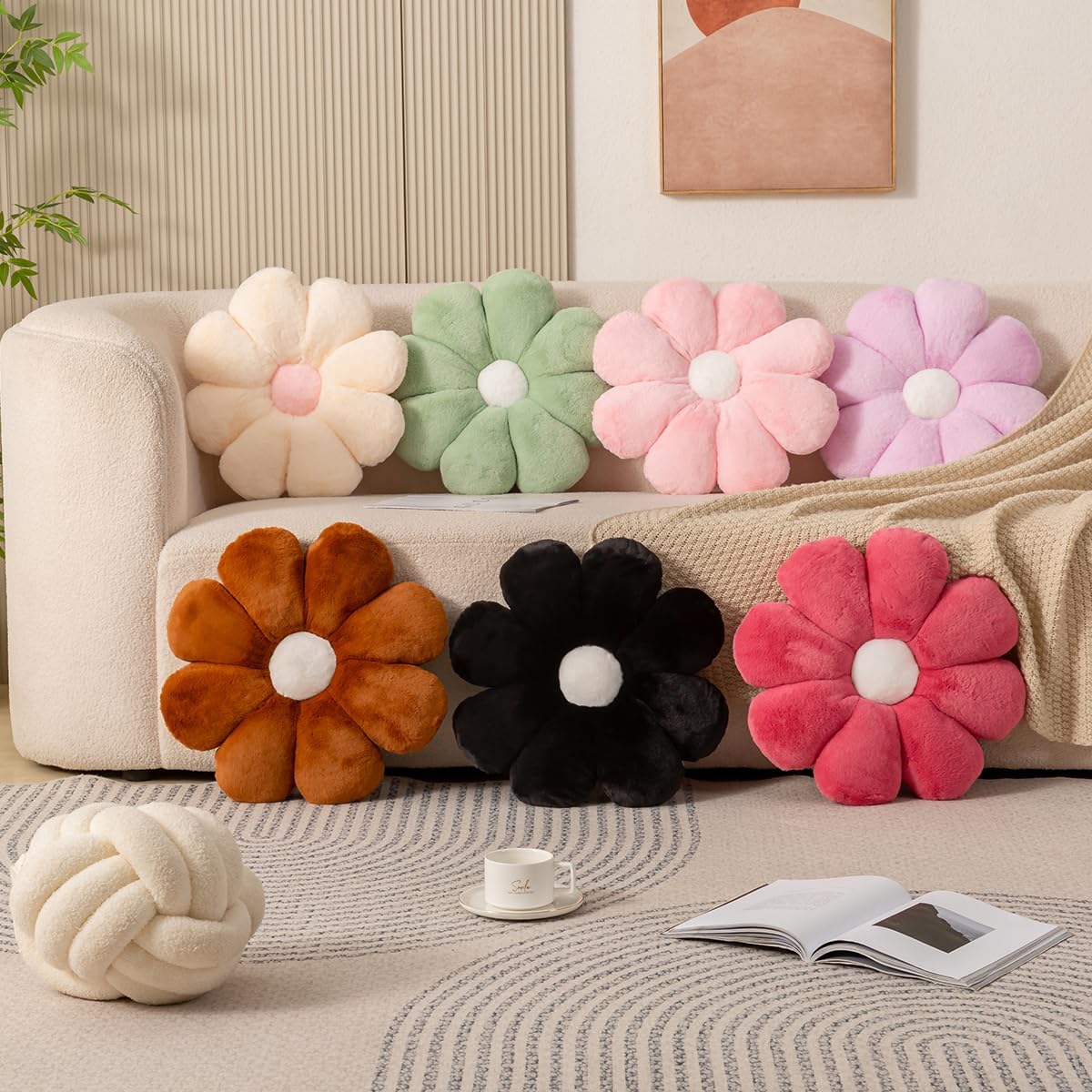 Almohada de flores, almohadas negras de 17.7 pulgadas, almohadas decorativas negras, almohada de flores, cojines de piso de flores para lectura y
