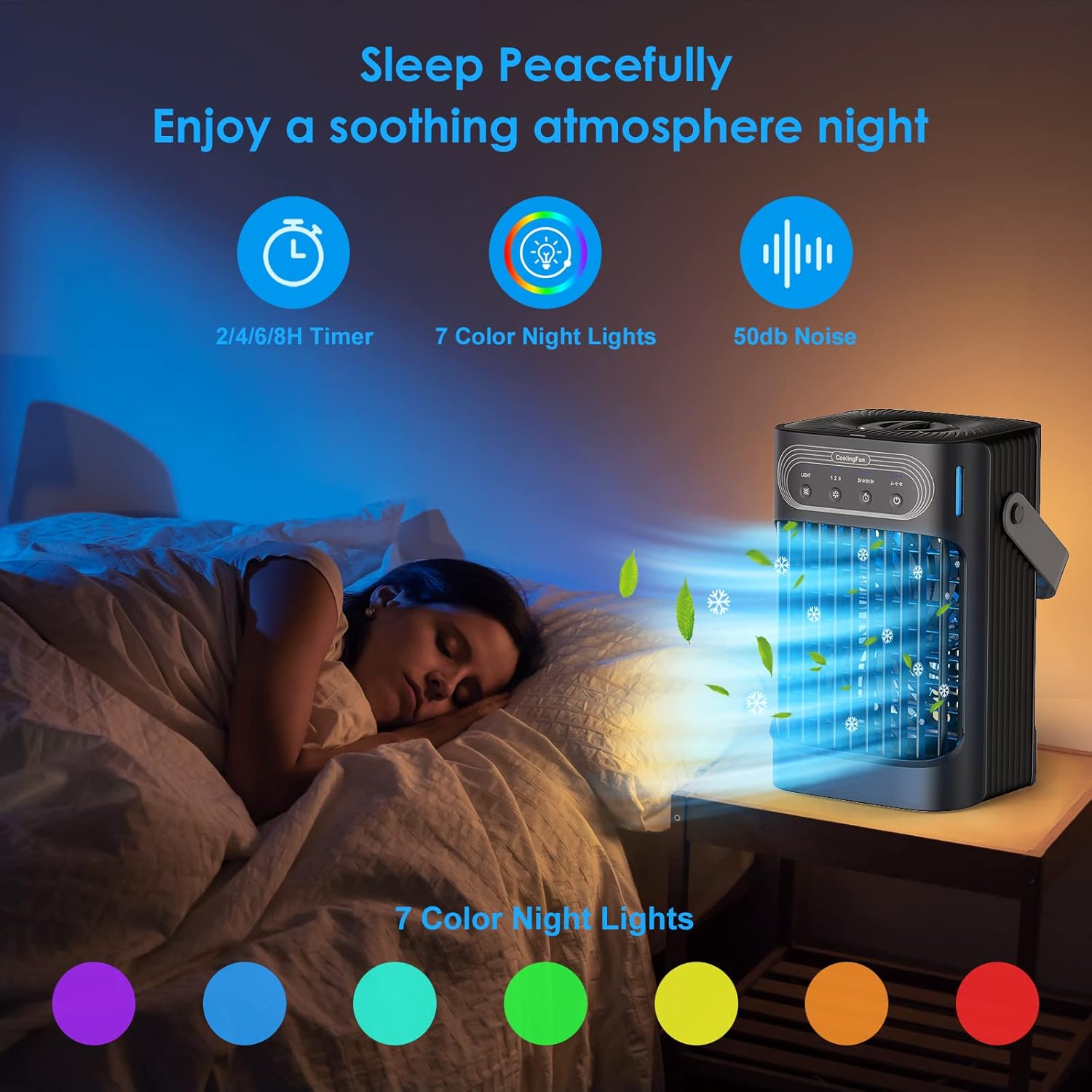 Ventilador de aire acondicionado portátil, mini aire acondicionado evaporativo mejorado portátil con 3 nieblas frías y velocidades, 7 luces