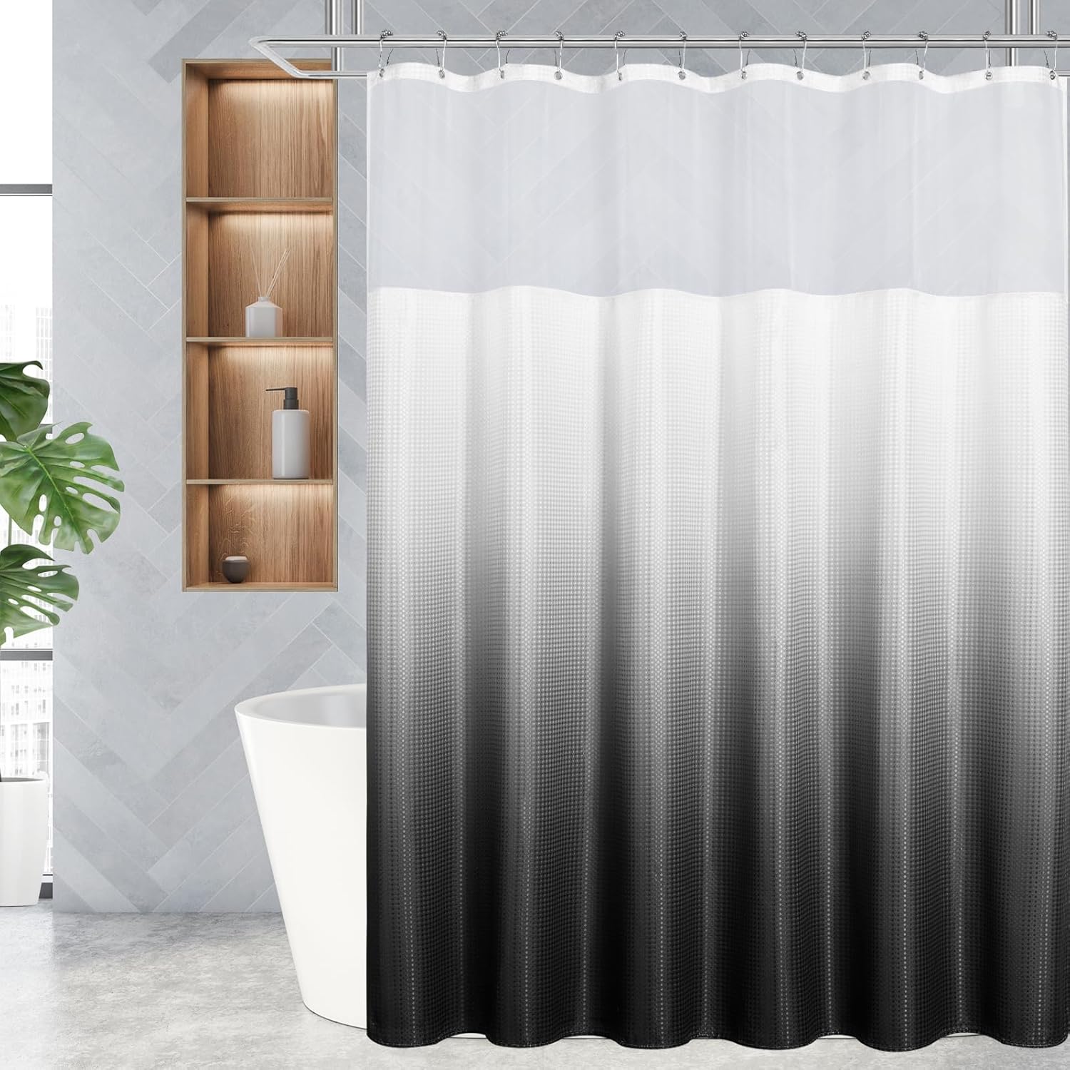 Gibelle Juego de cortina de ducha de tejido gofre con ventana superior de malla y ganchos, cortina de ducha de tela estilo spa para baño, color