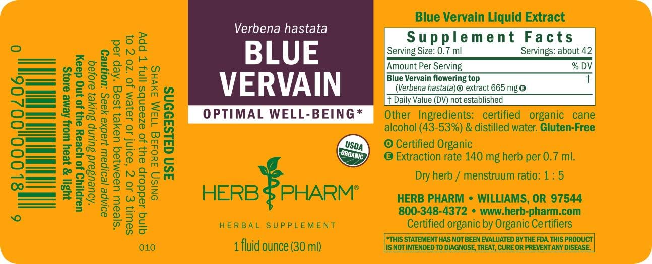 Herb Pharm Extracto líquido de verbena orgánico certificado, azul, 1 onza líquida