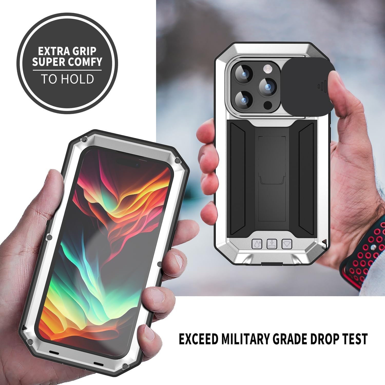 Funda de teléfono para iPhone 15 Pro Max con protector de pantalla de grado militar, cubierta de cuerpo completo, soporte de parachoques de metal,