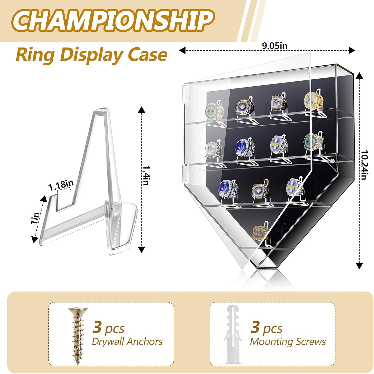 Remuuly Vitrina para anillo de campeonato, 12 postes de anillo, soporte para anillo de béisbol, baloncesto, softbol, caja de exhibición con puerta
