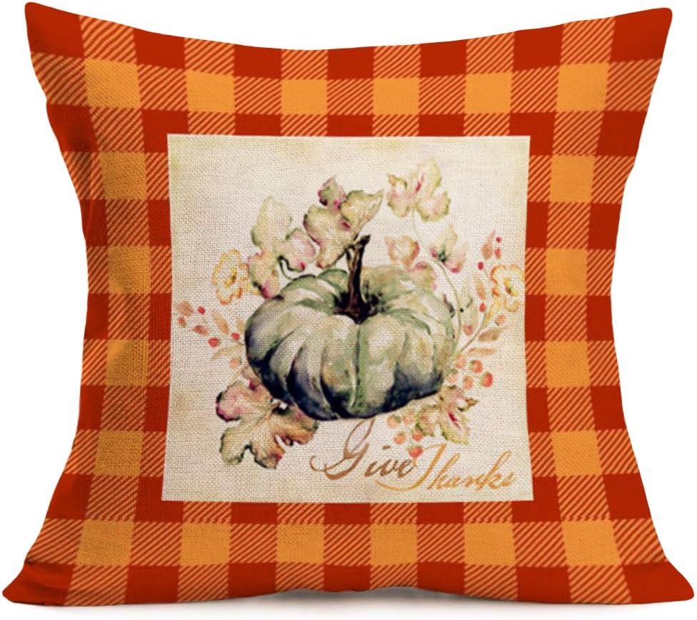 Fukeen Juego de 4 fundas de almohada retro a cuadros de búfalo naranja a cuadros de calabaza, decoración de cosecha de otoño, hojas de arce,