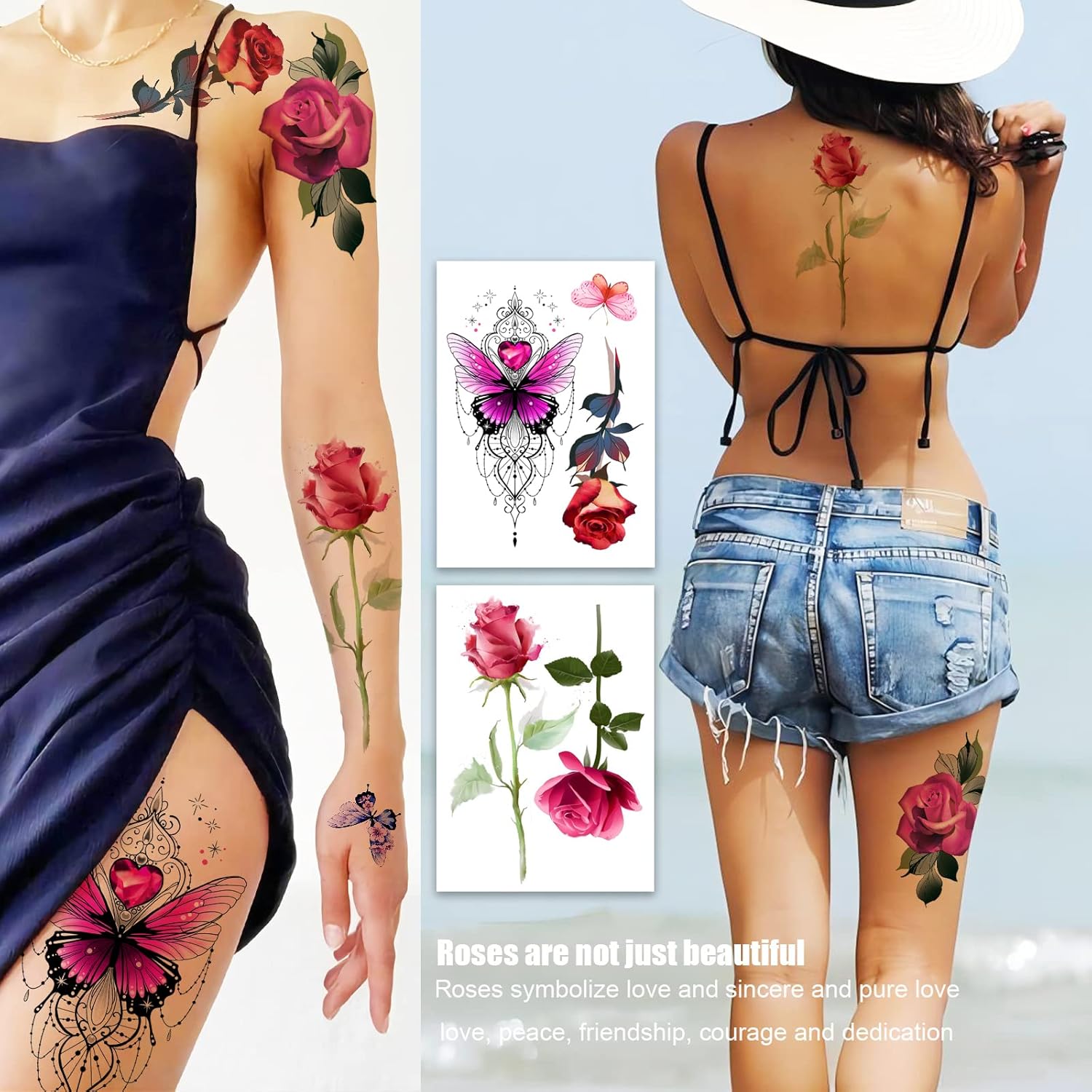 ROARHOWL Impresionantes tatuajes temporales de flores de rosas, tatuajes falsos de rosas grandes para mujer, juego de tatuajes de rosas (rosa 3)