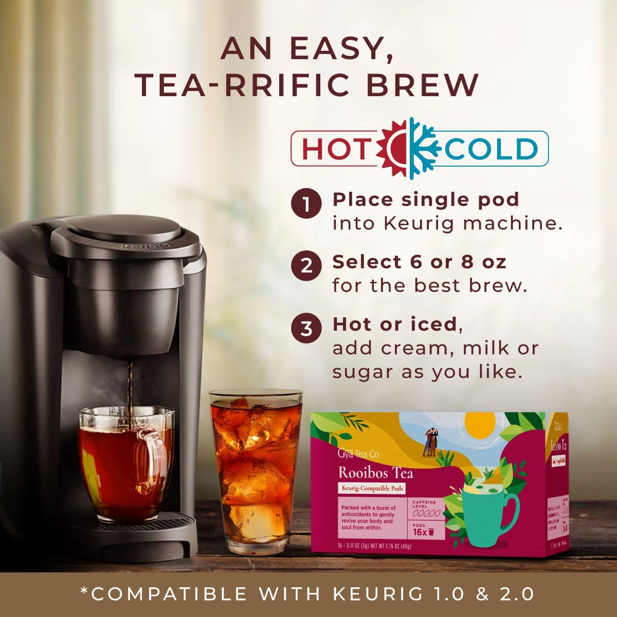 Gya Tea Co Pure Rooibos Tea K Cups para Keurig  Té suave sin cafeína K Cups para Keurig  Comienza el día con cápsulas de té para Keurig  Cápsulas de
