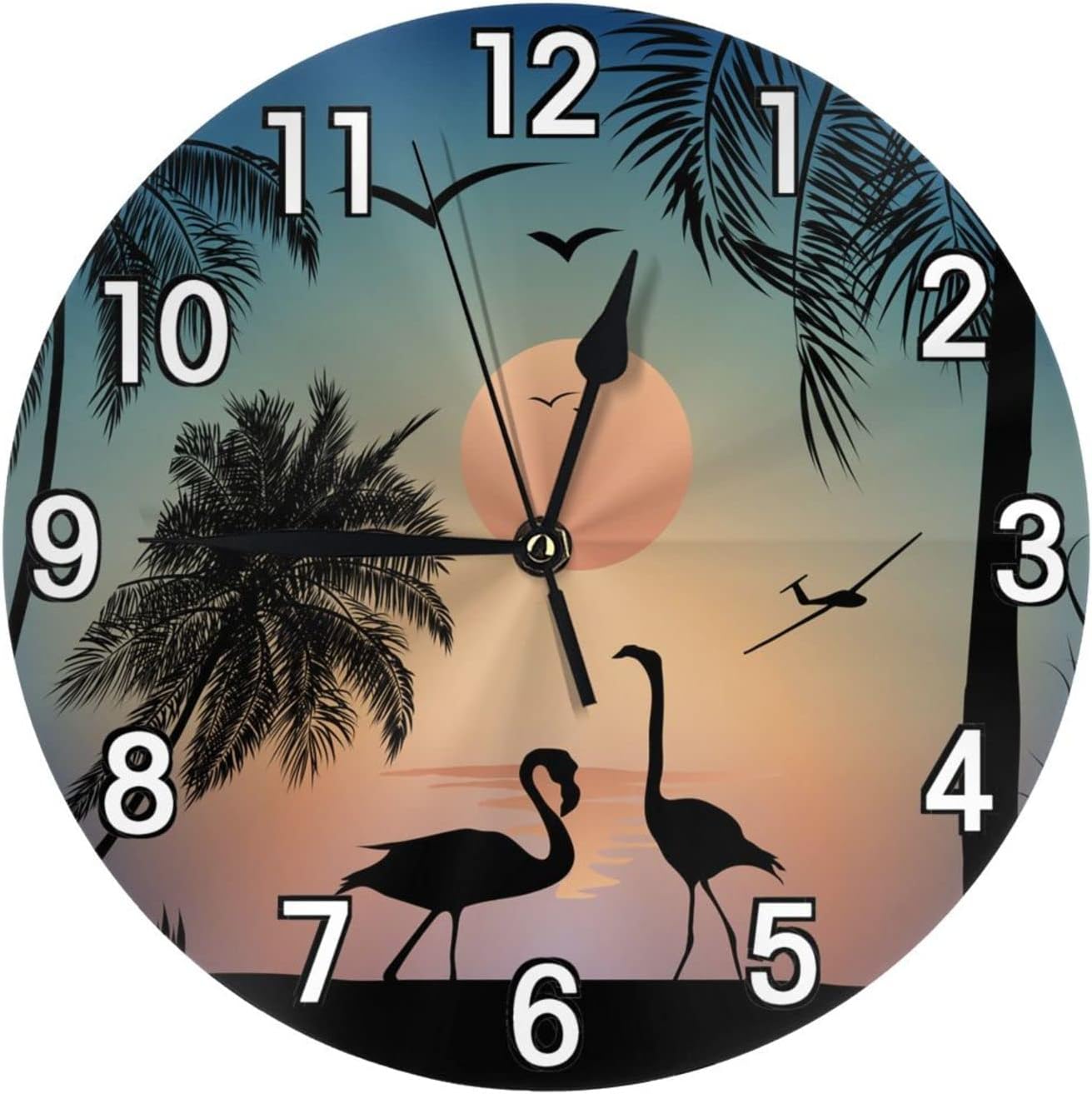 Flamingos Walk on the Sea Beach – Reloj de pared con pilas, reloj redondo silencioso para decoración de pared para el hogar, oficina, escuela, 12