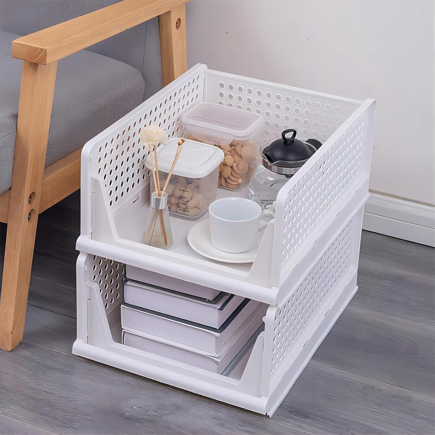 Caja de almacenamiento plegable de 4 piezas, contenedores de almacenamiento apilables, estilo cajón, cajón de almacenamiento apilable, cestas de