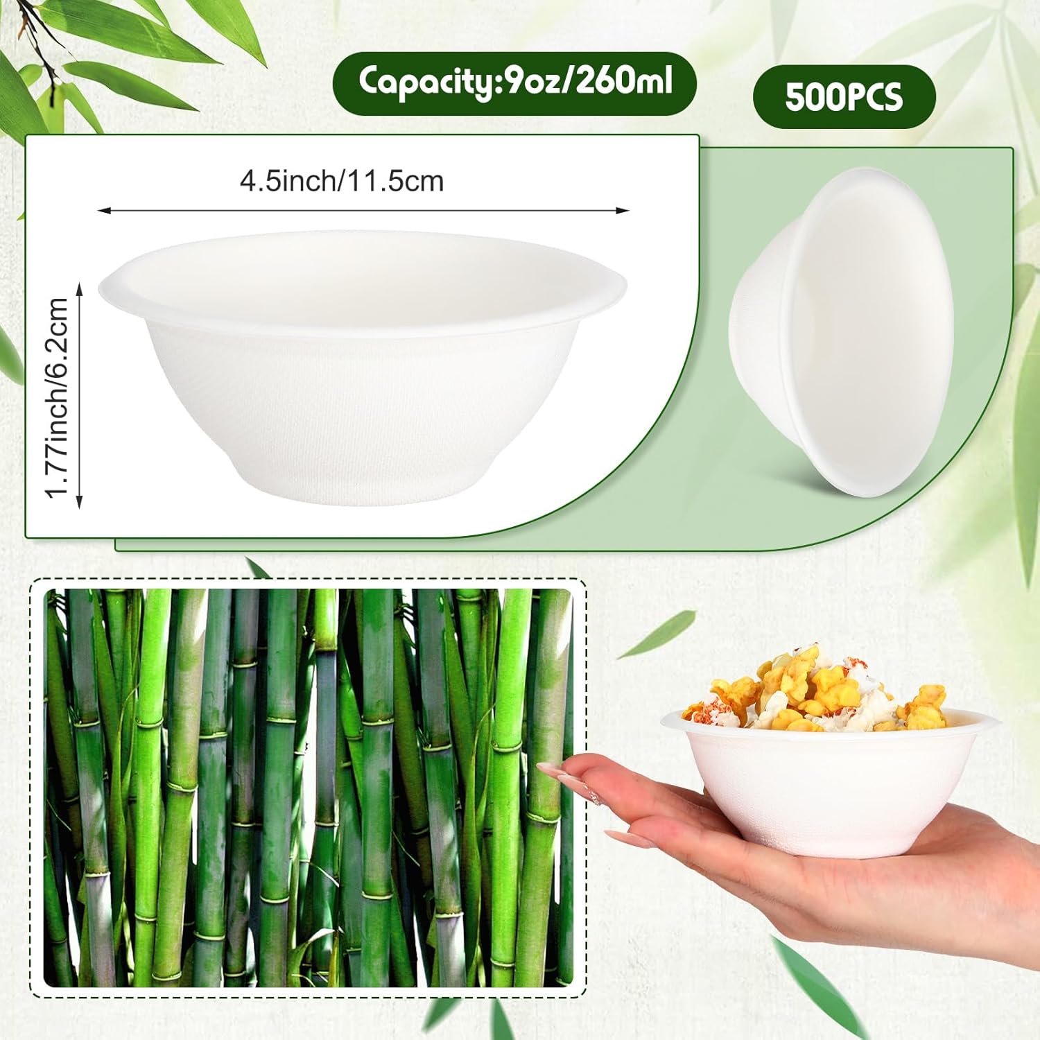 Paquete de 500 cuencos de papel desechables de 9 onzas, cuencos de sopa para alimentos, tazones de fibra de bagazo natural para salsa, ensalada,