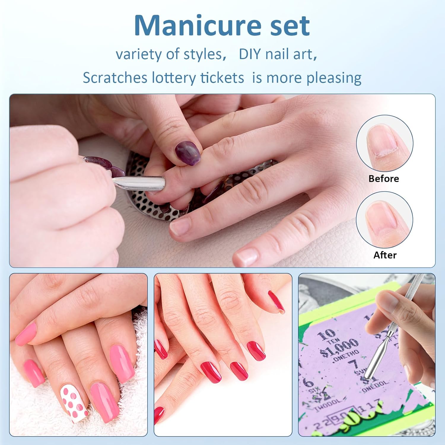 Juego de 3 empujadores de cutículas y removedor de esmalte de gel con limas de uñas, calidad de salón de belleza, pelador de esmalte de uñas de gel