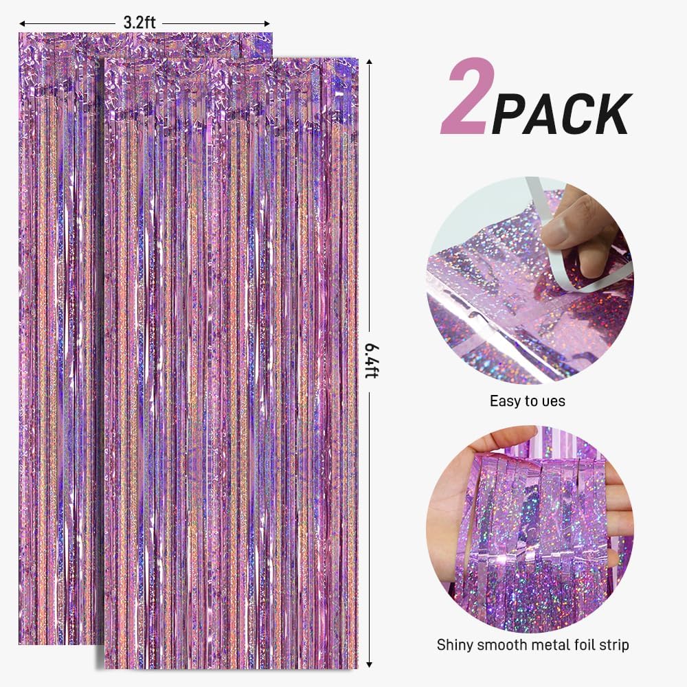 Cortina de flecos rosa de 6.6 x 6.6 pies, paquete de 2 cortinas de papel de aluminio con purpurina rosa, telón de fondo de flecos para fiestas,