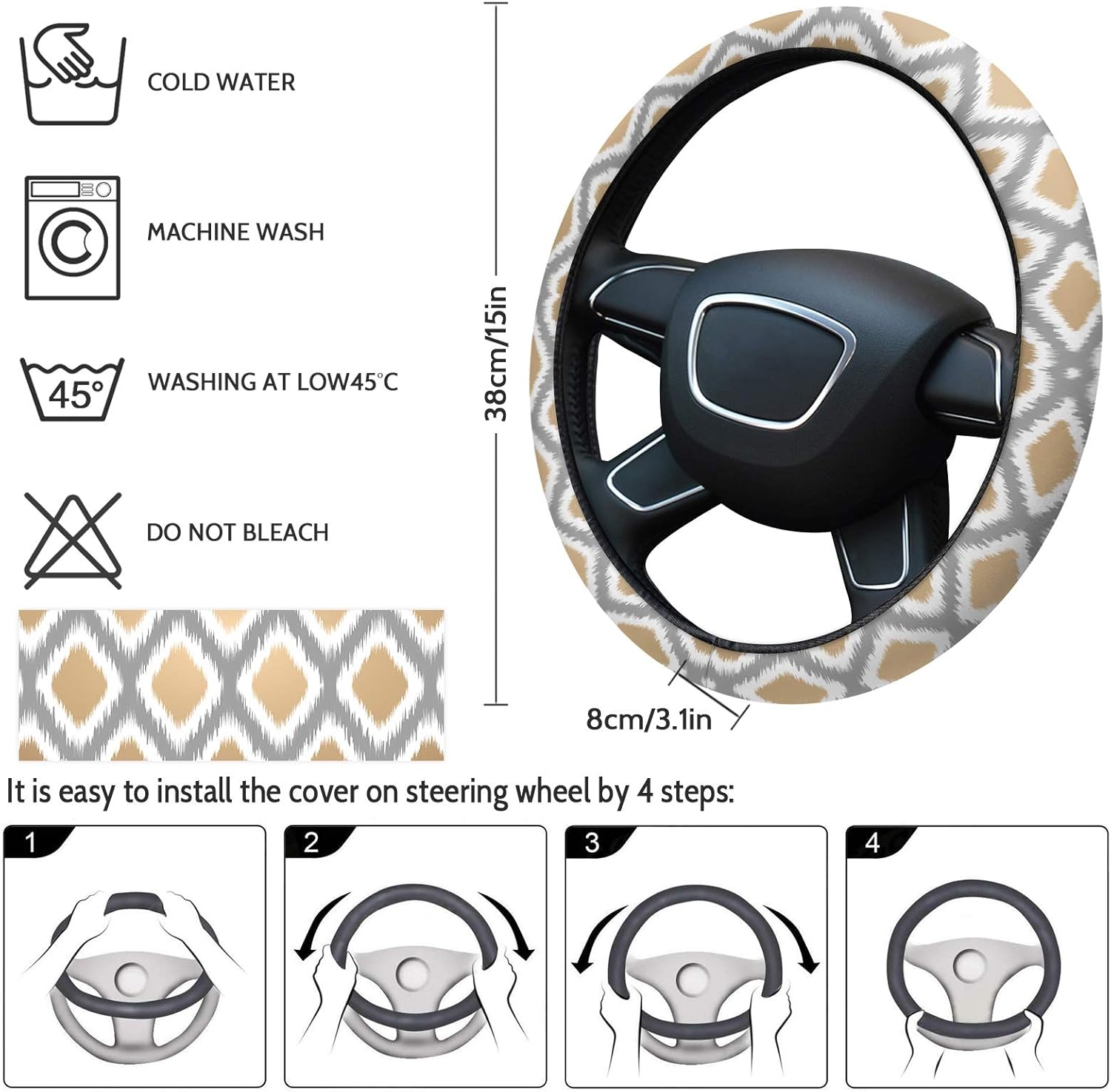 Car Steering Wheel Cover, Beige Gray Ethnic Boho Ikat Pattern Elastic Stretch Sponge Steering Wheels Protective Cover for Vehicles Trucks SUVs