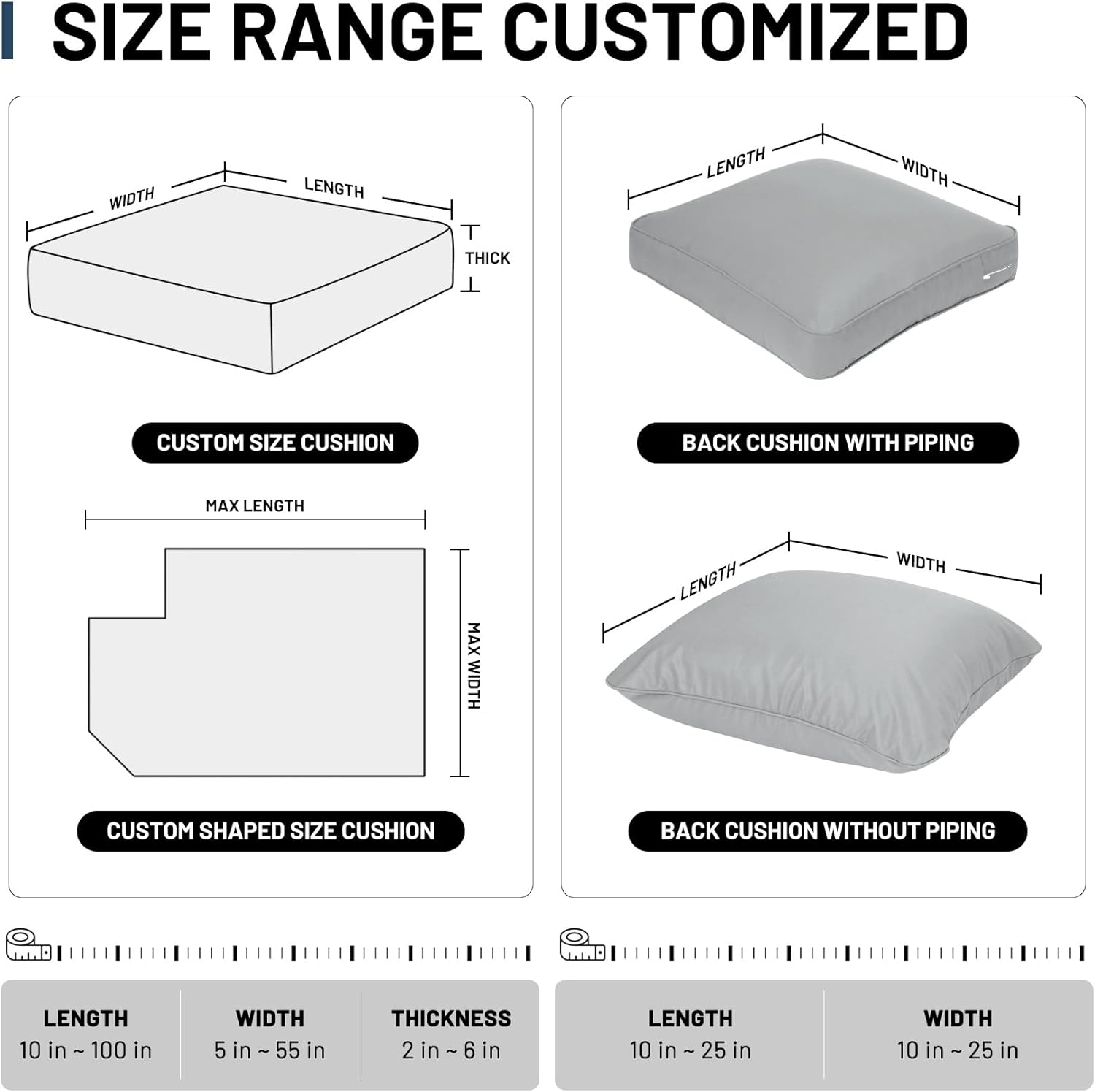 Lokex Cojines para muebles de patio, tamaño personalizado, duraderos e impermeables, cojines de asiento profundo para patio, doble tubería, cojín