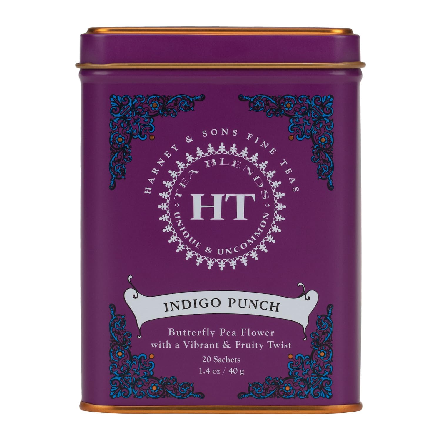 Harney & Sons Té Indigo Punch, Flor de Guisante Mariposa con Sabores Afrutados, Línea HT, 20 sobres