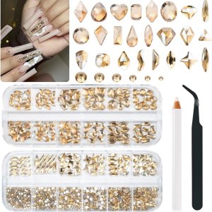 24 estilos de diamantes de imitación de uñas dorado champán multiformas con parte trasera plana, gemas redondas K9, piedras de vidrio, diamantes, 24 estilos de diamantes de imitación de uñas dorado champán multiformas con parte trasera plana, gemas redondas K9, piedras de vidrio, diamantes,