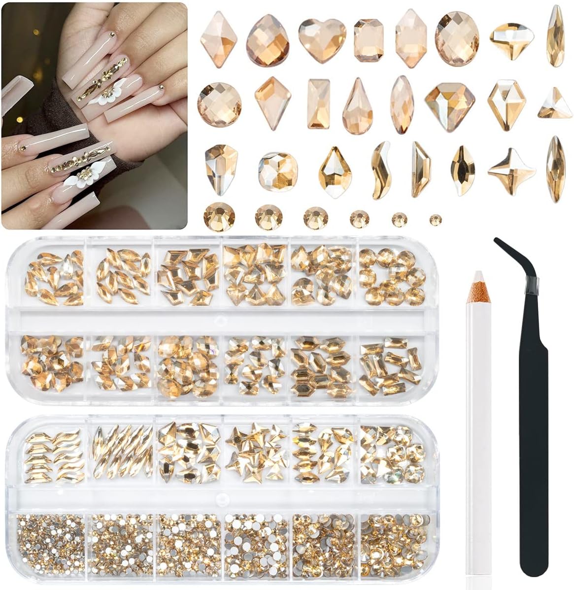 24 estilos de diamantes de imitación de uñas dorado champán multiformas con parte trasera plana, gemas redondas K9, piedras de vidrio, diamantes,