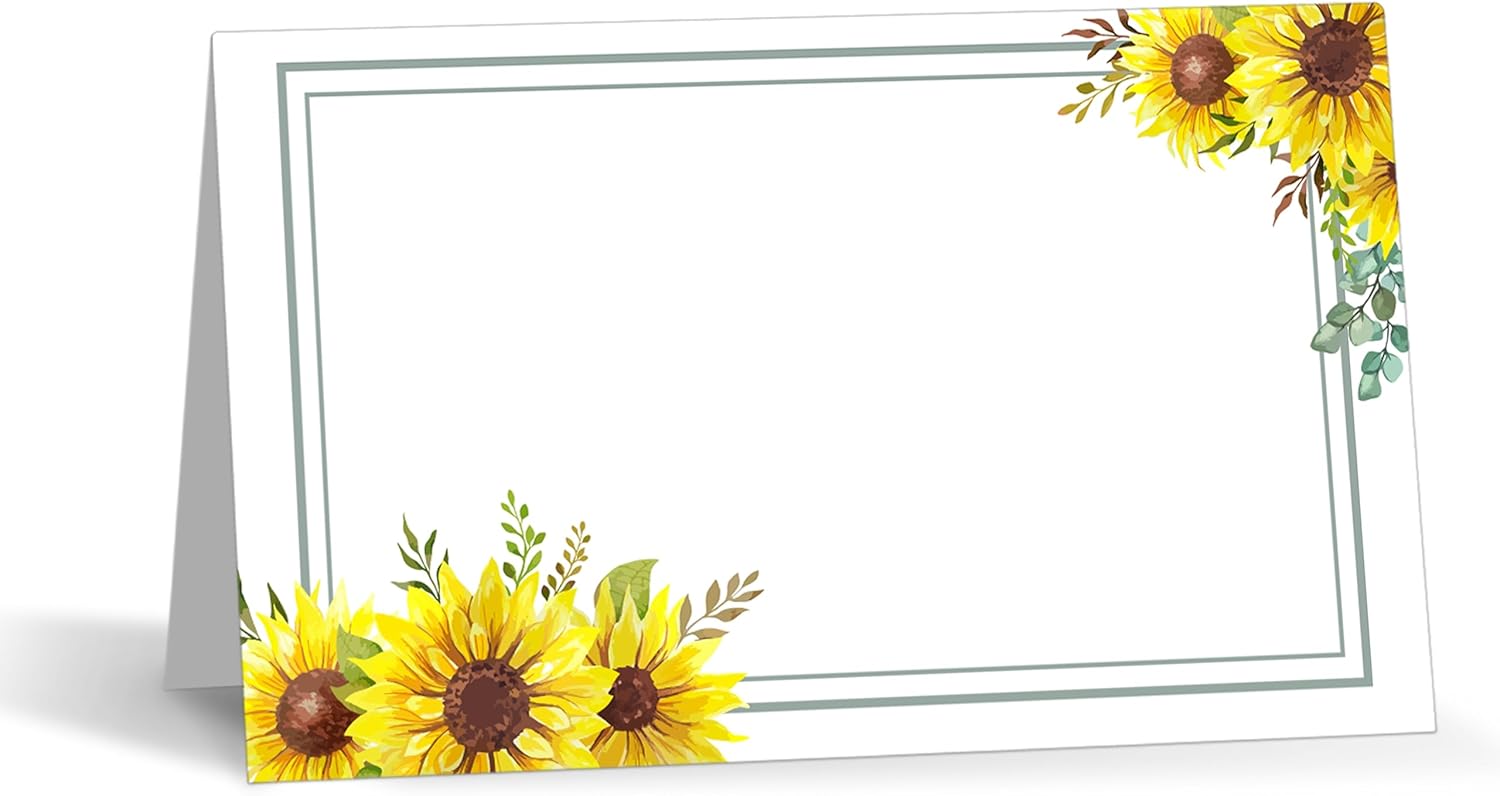Tarjetas de lugar de girasol para colocar la mesa, 25 tarjetas de lugar con nombre de media pliegue, tarjetas estilo tienda de campaña para