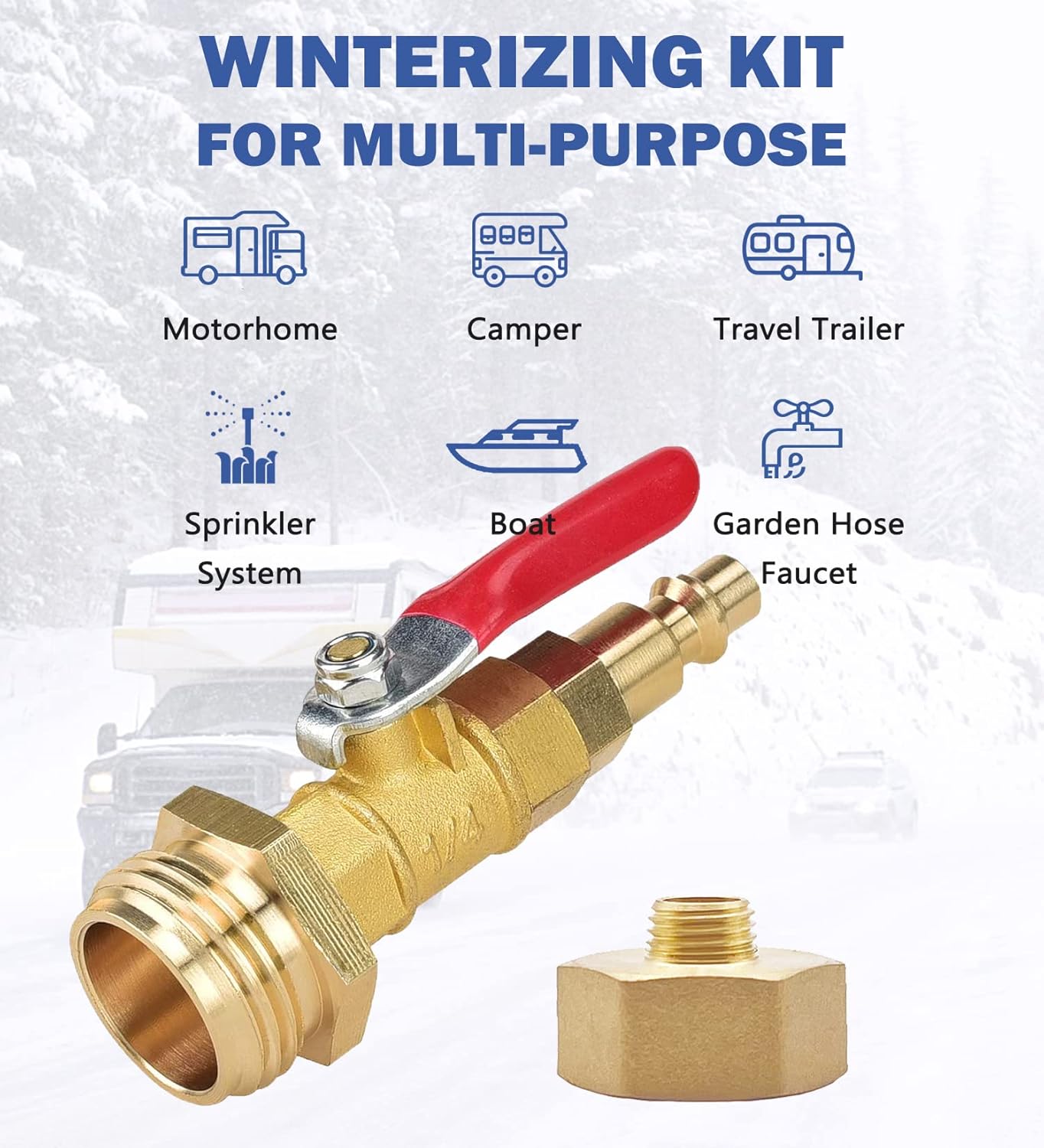 Kit de acondicionamiento de invierno para caravana, adaptador de soplado de RV con válvula de cierre, adaptador de soplado de aspersor con enchufe