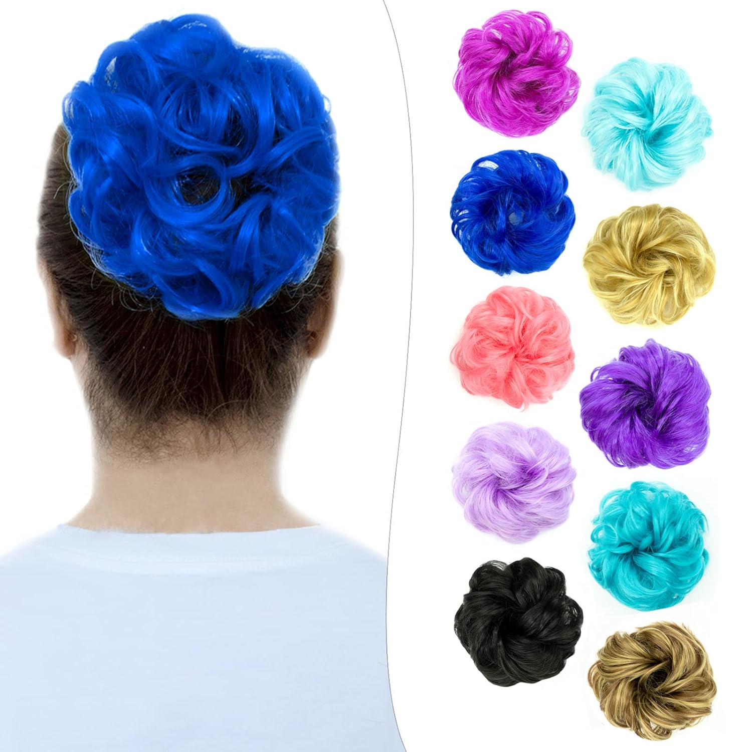 Moño desordenado, rizado azul, ondulado, extensión de moño sintético para mujeres y niñas, 1 unidad