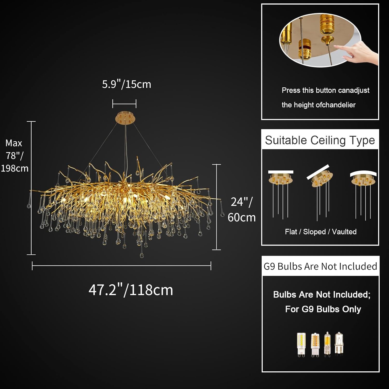 Candelabro de cristal dorado, lámpara de rama de árbol de 47 pulgadas, lámpara rectangular para comedor, lámpara sobre mesa, gota de lluvia, lámpara