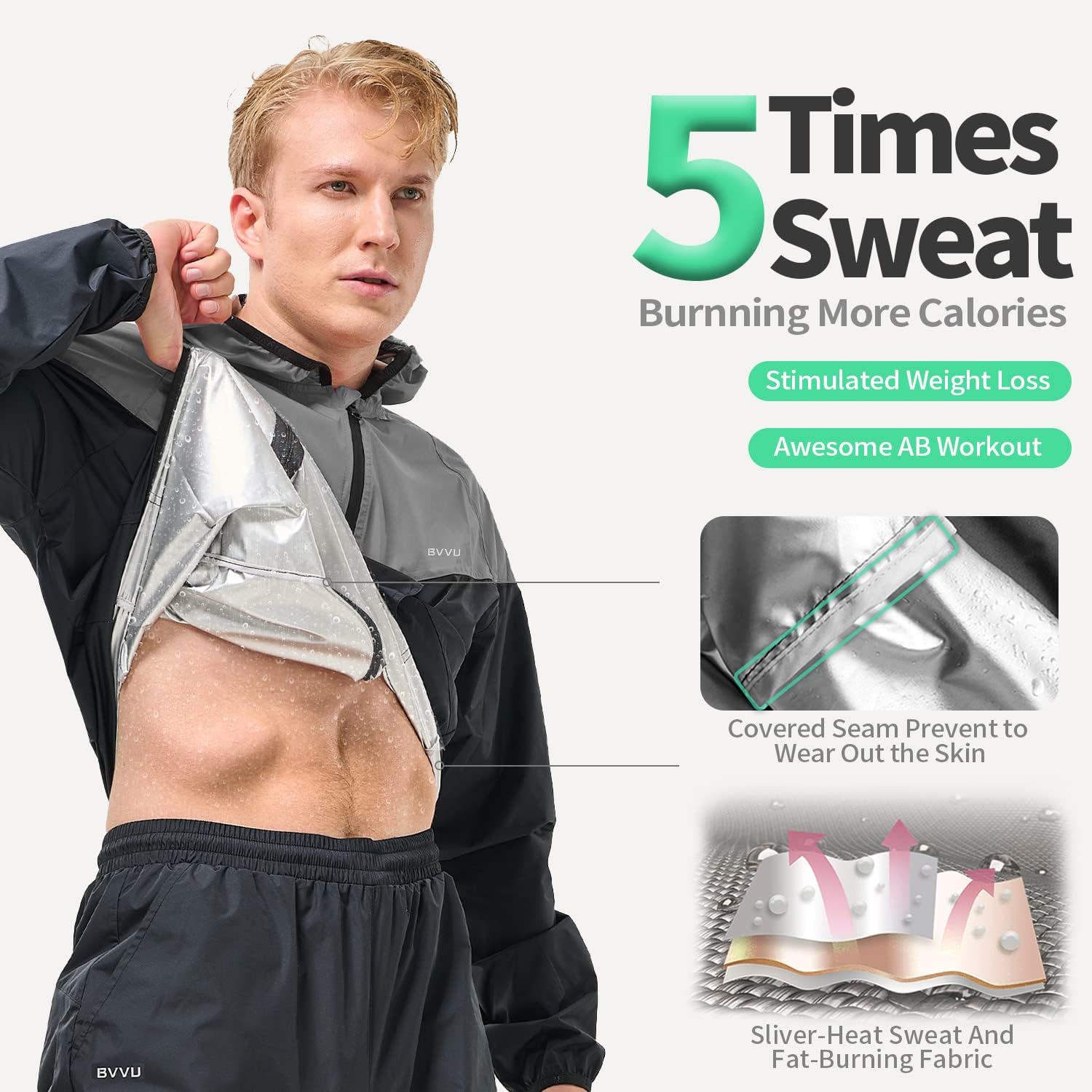 BVVU Traje de sauna para hombre, con cremallera, con capucha, chaqueta de sauna, pantalones, gimnasio, entrenamiento, cuerpo completo