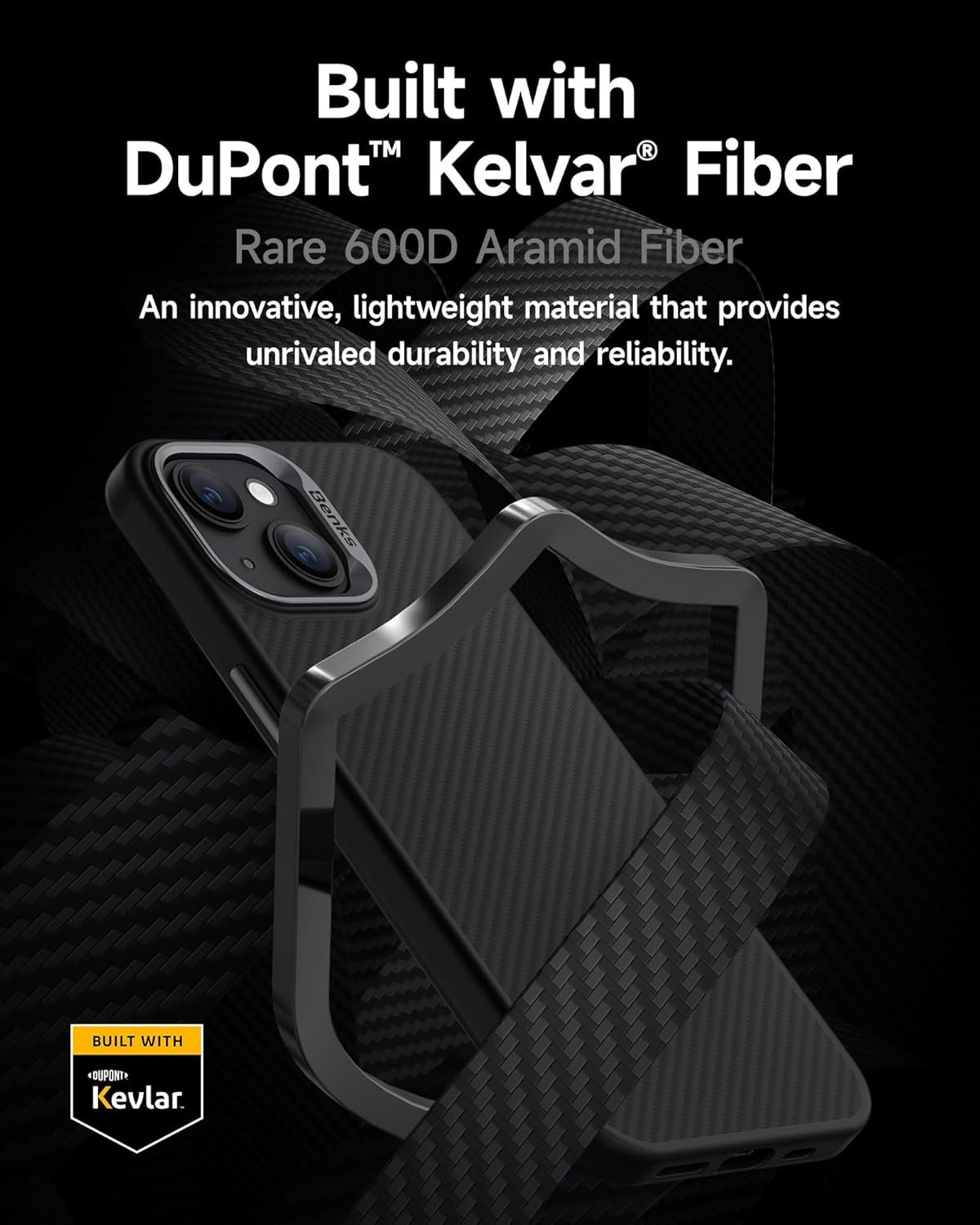 BENKS Funda para iPhone 15 Plus fabricada con fibra de aramida Kevlar 600D + banco magnético MagClap StandGo de 10000 mAh