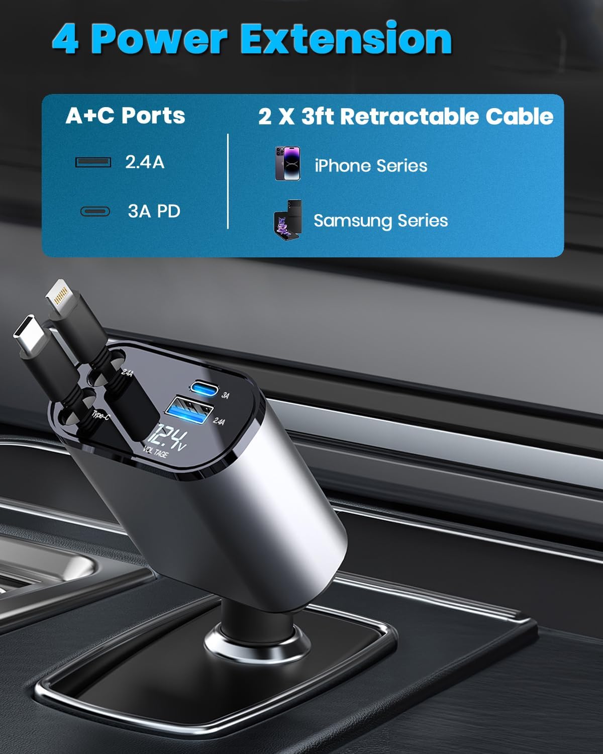 Cargador de coche retráctil 4 en 1 con cable USB retráctil dual, puerto USB A PD medidor de voltaje adaptador de encendedor de cigarrillos USB para