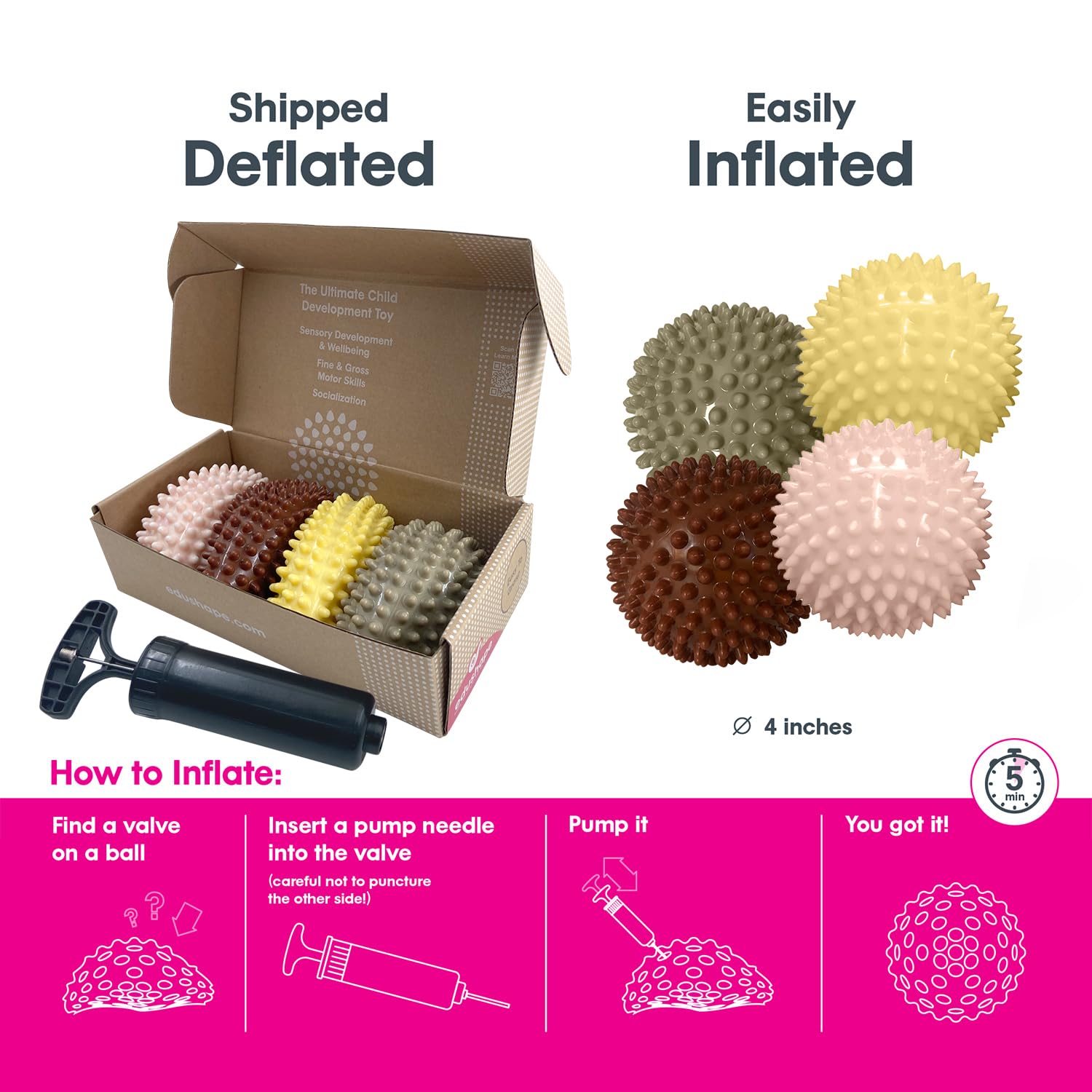 Edushape La bola sensorial original para bebé, 4 pulgadas, desinflada con bomba, bola de bebé de color bohemio chic que ayuda a mejorar las