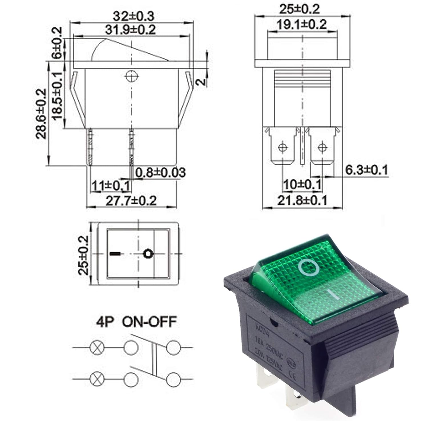 QTEATAK 2 unids AC DPST 4 pines 2 posiciones ONOFF 20A125V 15A250V luz LED verde iluminada barco balancín interruptor interruptor KCD2-201N-G