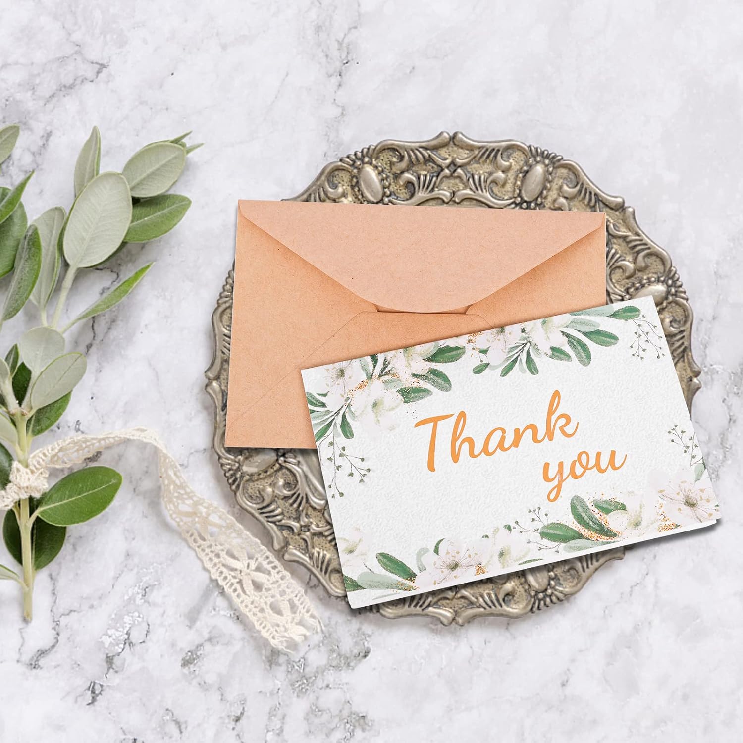 Tarjetas de agradecimiento con sobres de papel kraft y calcomanías a juego, 100 tarjetas de agradecimiento de plantas verdes, tarjetas de