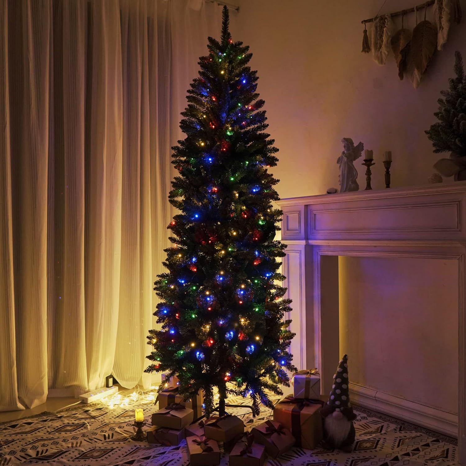 Árbol de Navidad artificial preiluminado con soporte, luces multicolores, decorado para fiestas de vacaciones en el hogar, 5 pies