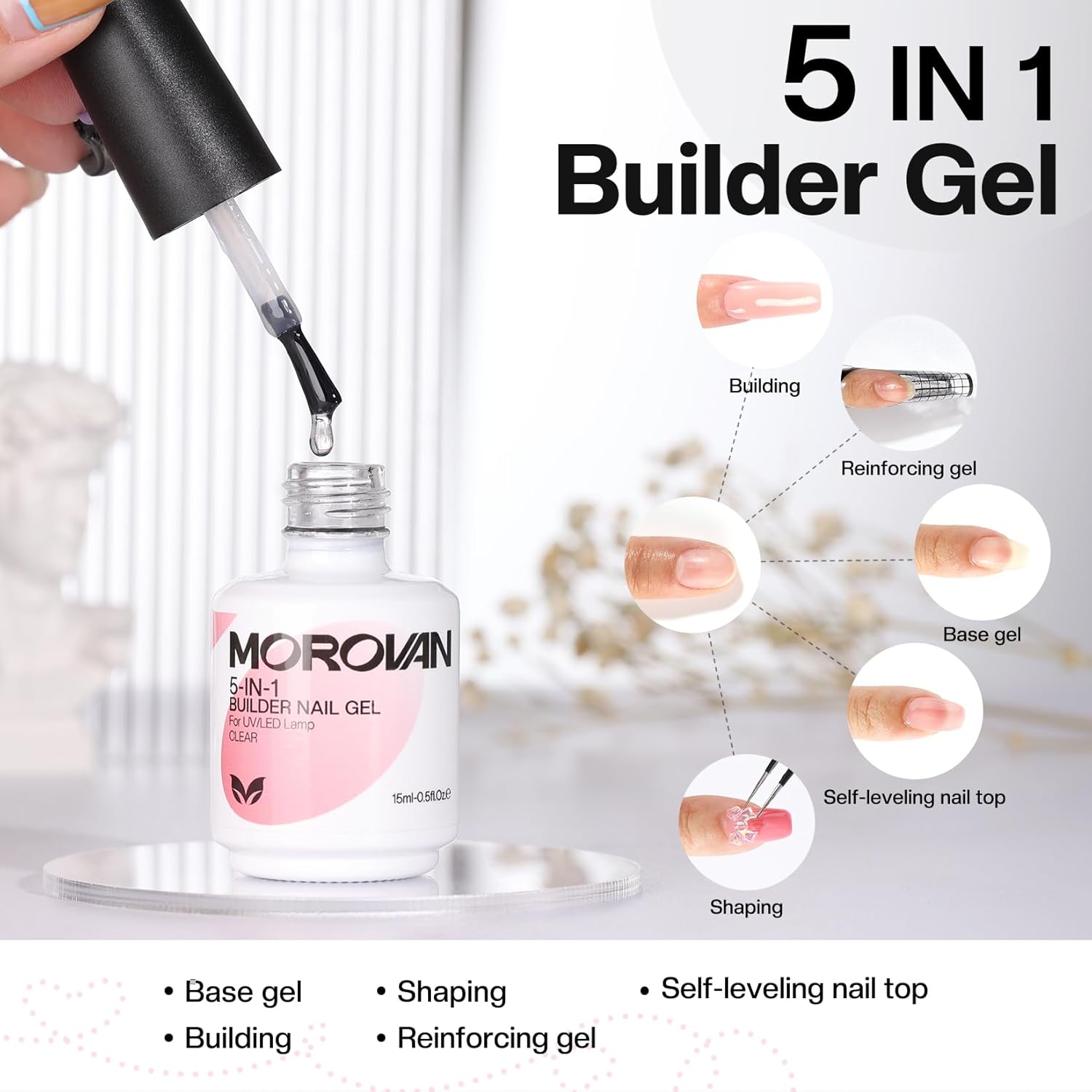 Morovan Gel constructor para uñas en botella gel constructor 5 en 1 para uñas, gel fortalecedor transparente para reforzar y dar forma a gel