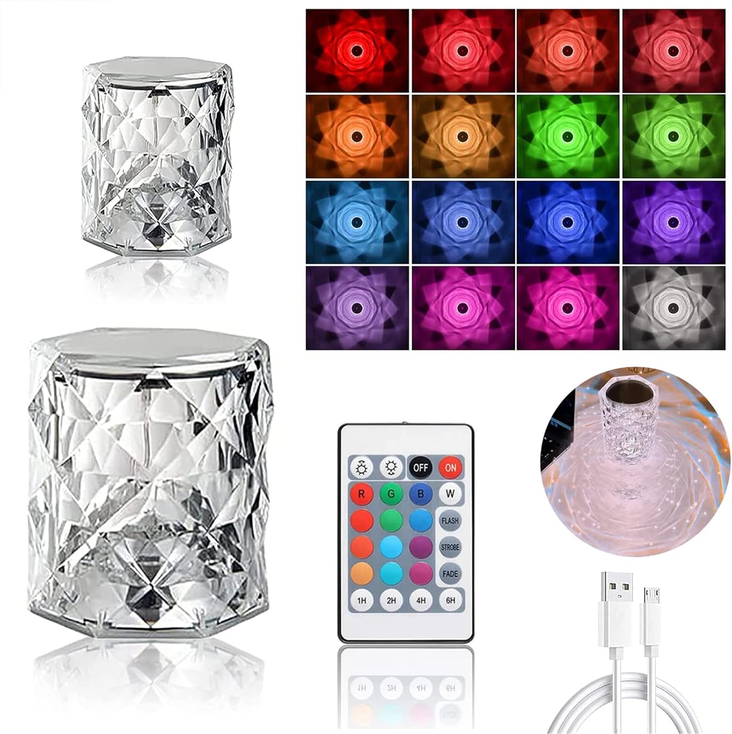 Lámpara de mesa de taladro de cristal, lámpara táctil recargable USB de 16 colores luz de noche con control remoto, acrílico rosa LED adecuado para