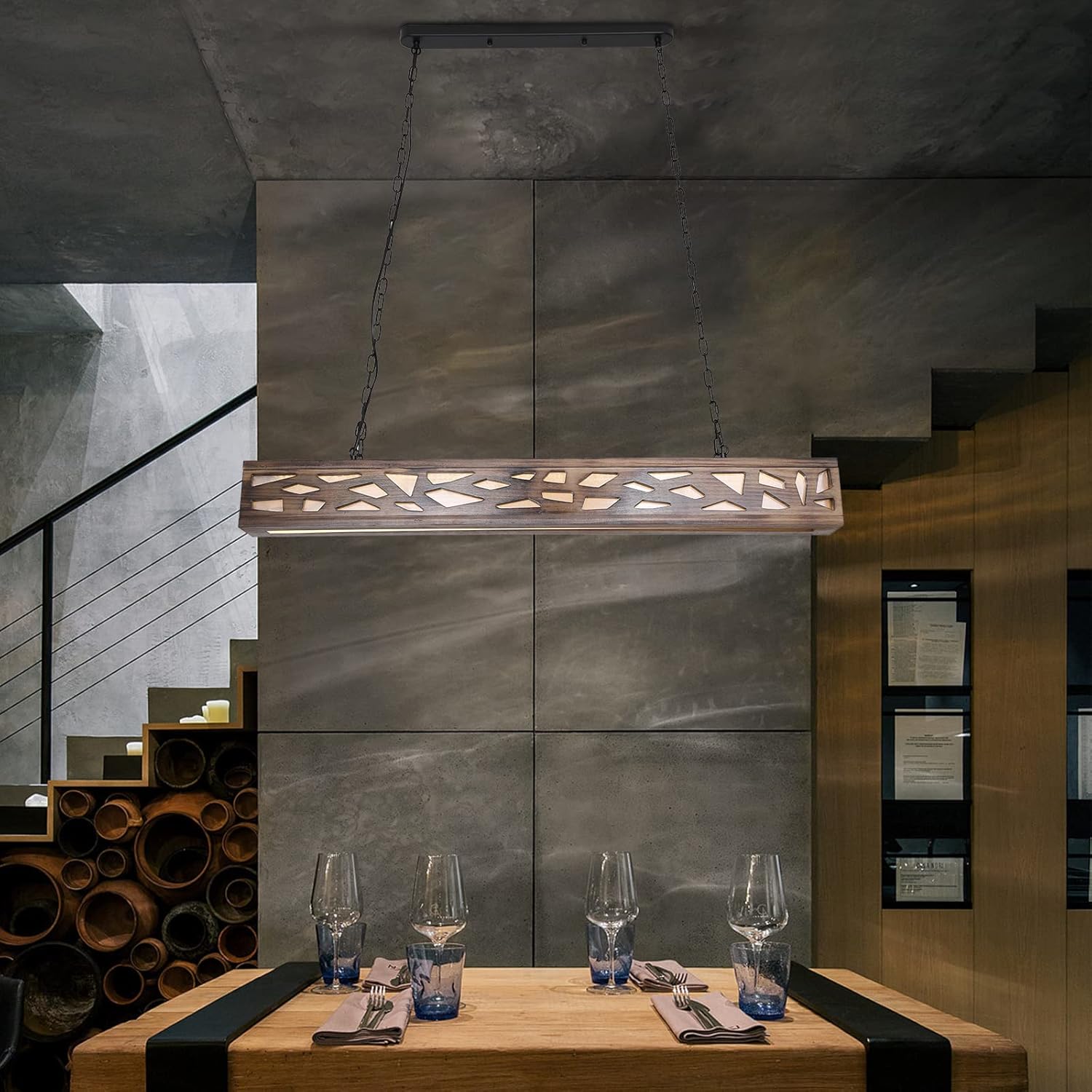 Lámpara de araña de isla de cocina, rectangular de madera, LED, regulable, para granja, industrial, colgante para cocina, pasillo, bar