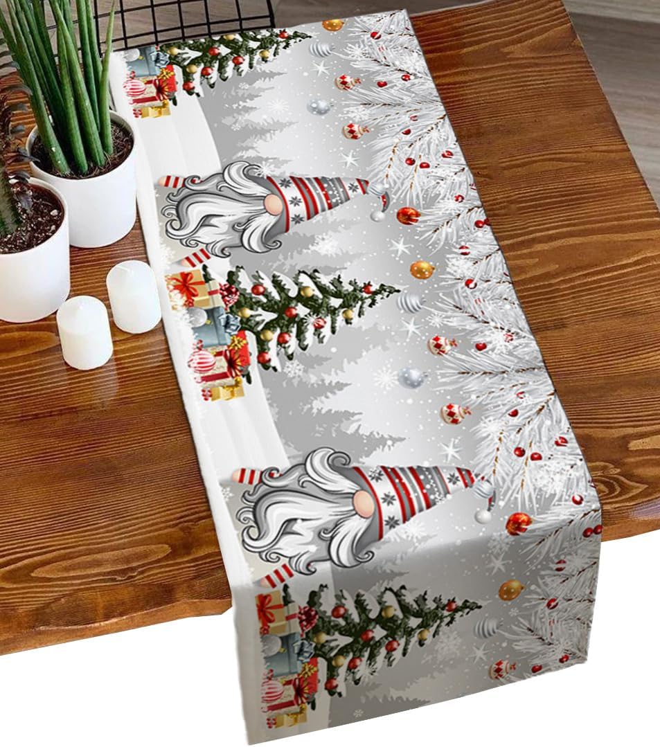 Camino de mesa corto de bolas de Navidad de 36 pulgadas, algodón y lino pequeño, cocina, comedor, mesa de café, decoración de tocador, camino de