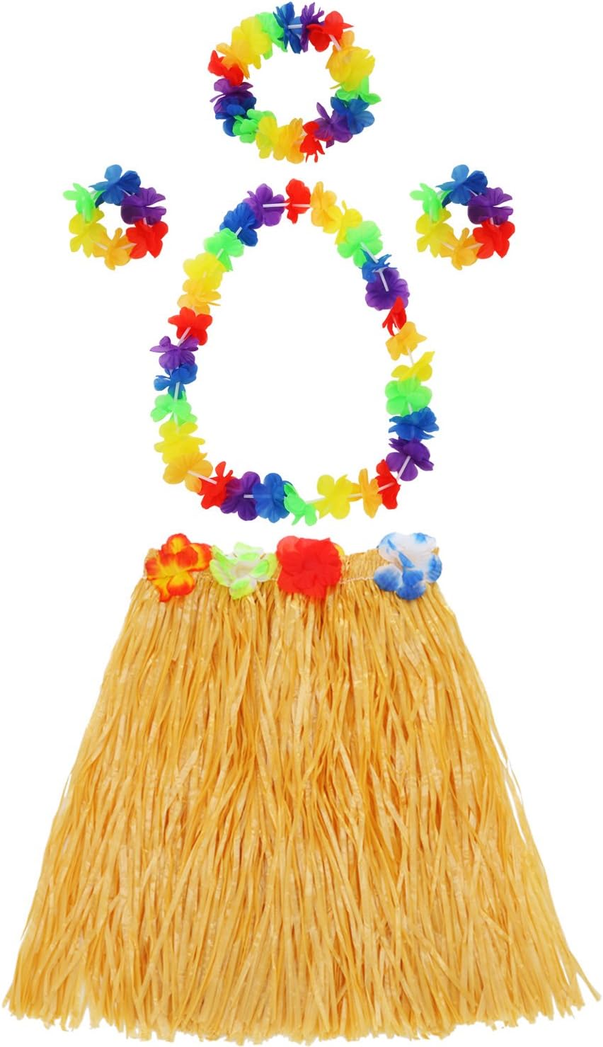 Shappy Juego de 2 faldas hula hawaianas de hierba Luau falda de baile con Leis para mujer, pulseras de flores, diadema y collar