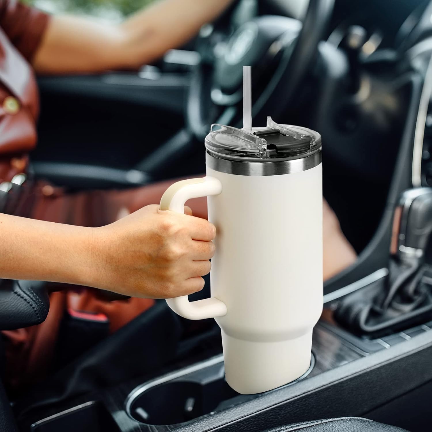 SOOZELEN – Vaso de 40 onzas con asa y tapa con popote, taza de viaje aislada, doble pared mantiene las bebidas frías y el calor durante mucho tiempo