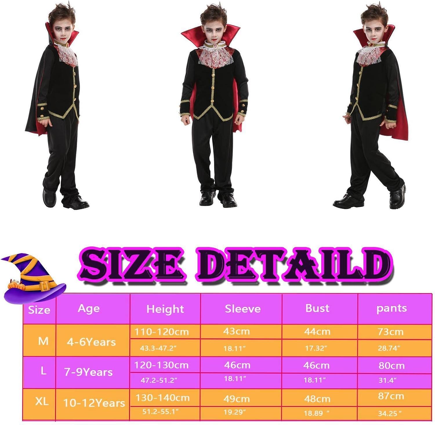 Disfraz de vampiro para niños con dientes y orejas realistas, capa gótica, traje real para Halloween