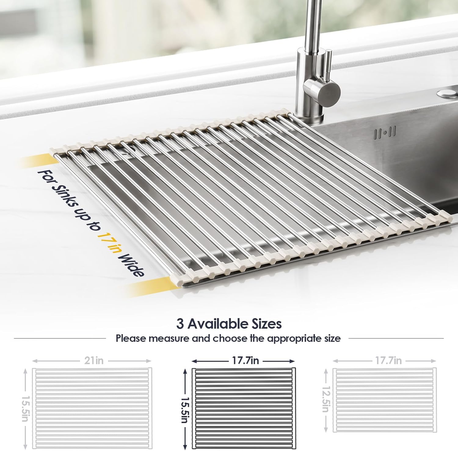 Tomorotec Escurridor de platos enrollable de 17.7 x 15.5 pulgadas, para colocar sobre el fregadero, para fregadero de cocina, accesorios multiusos,