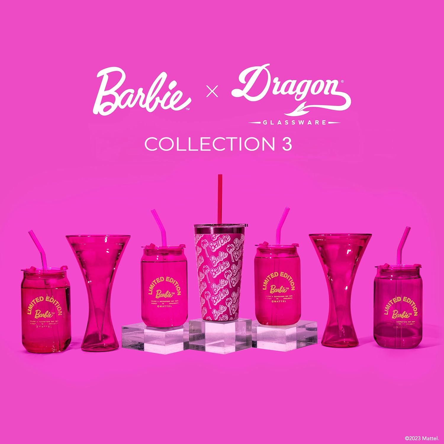 Dragon Glassware x Barbie – Vasos de vidrio con forma de lata de 16 onzas con tapas y pajitas, juego de 4 tazas para café helado con tapas, vaso de