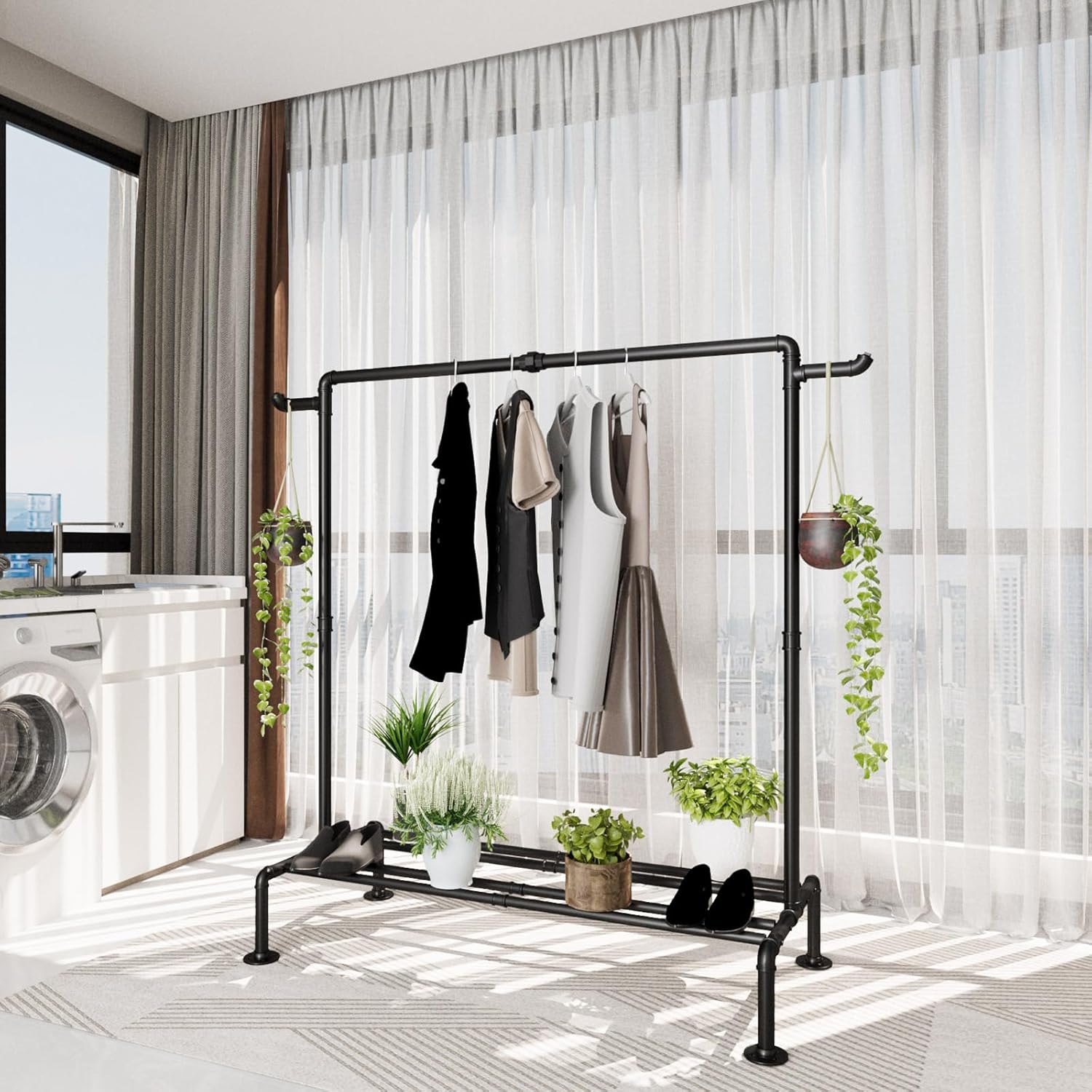 Oroonoko Perchero industrial para ropa, resistente, 45.6 pulgadas con 4 bases estables para exhibición de almacenamiento de zapatos de ropa (negro)