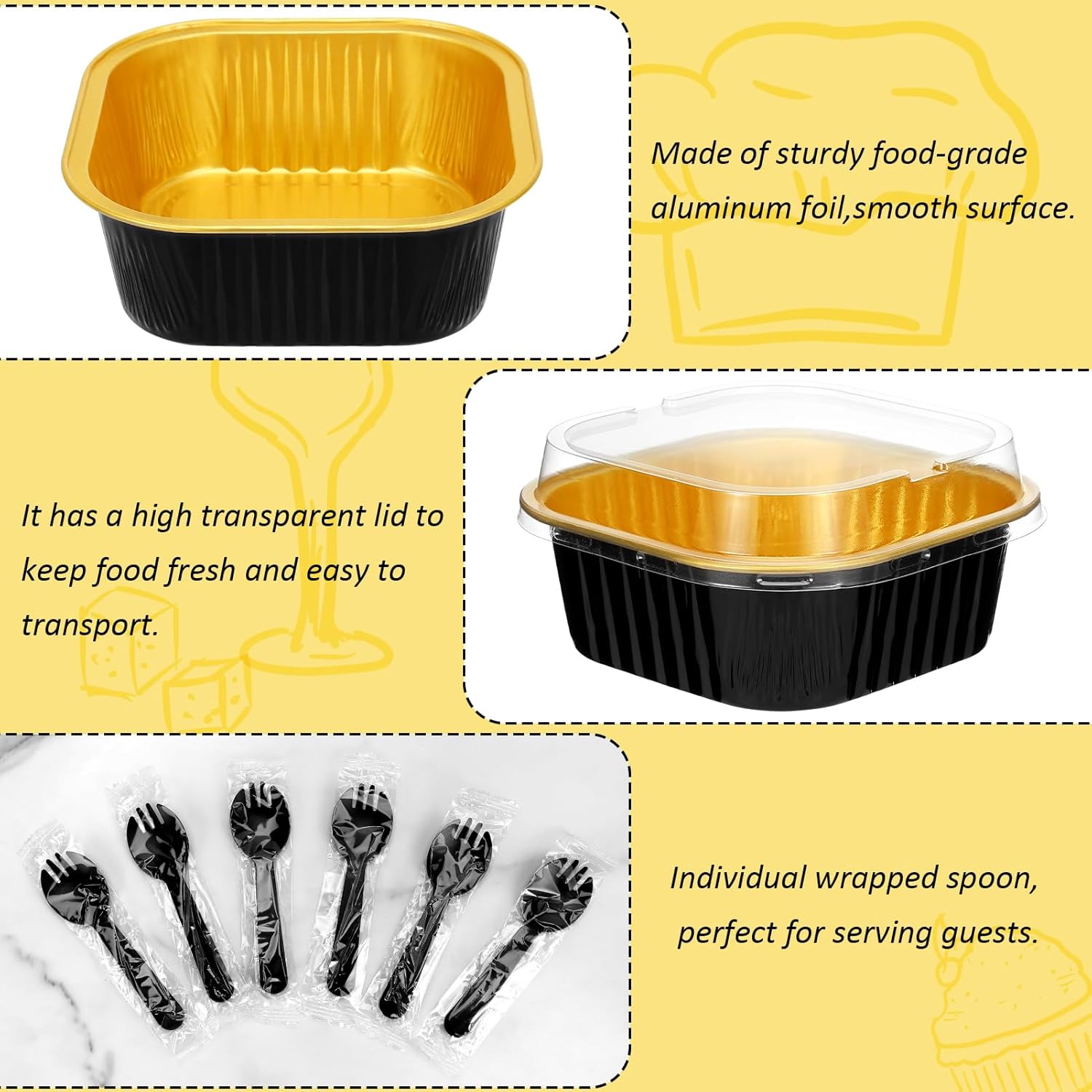 Mini moldes para pasteles con tapas y cucharas (paquete de 50, negro, 10 onzas), moldes cuadrados para magdalenas, mini sartenes de aluminio con