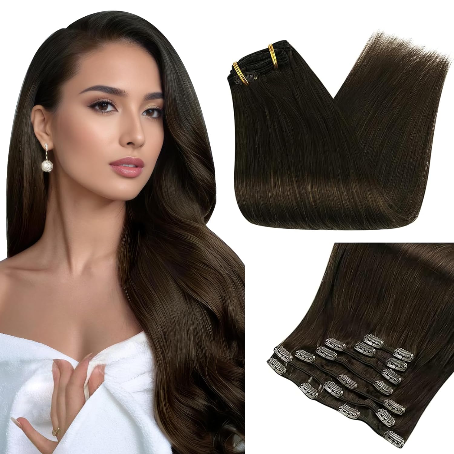 Full Shine – Extensiones de clip de cabello humano Remy – Extensiones invisibles doble capa – Castaño oscuro – 7piezas, 20pulgadas, 4.2onzas