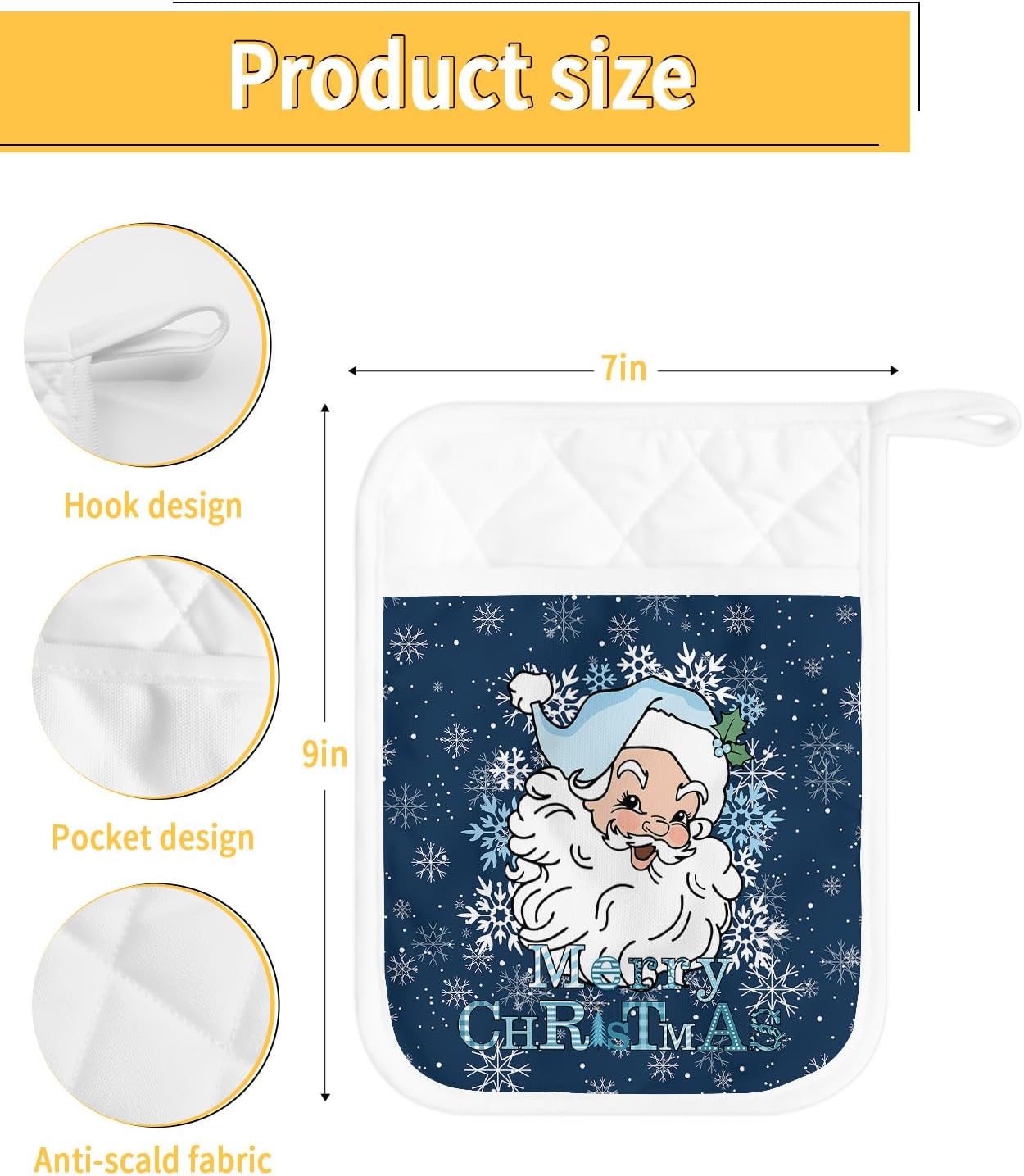 Juego de 4 agarraderas de tela de toalla de Papá Noel azul marino para cocina, antideslizantes y aislantes de calor, con bolsillo, guantes gruesos