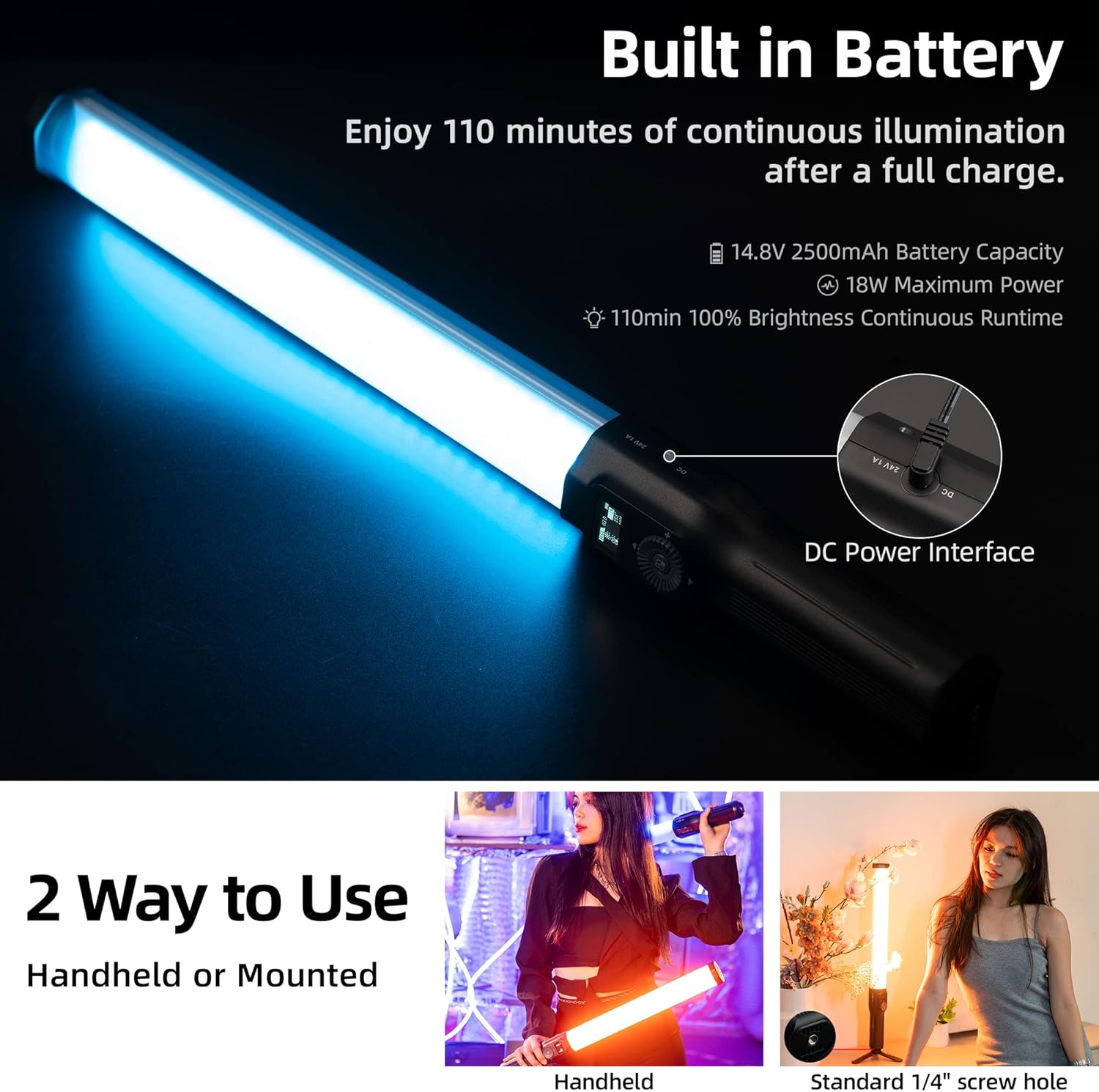 VILTROX H18 – Varita de luz RGB de mano con control de aplicación y puerta de granero 360 a todo color 18W regulable 2800K  6800K CRI95+ luces de