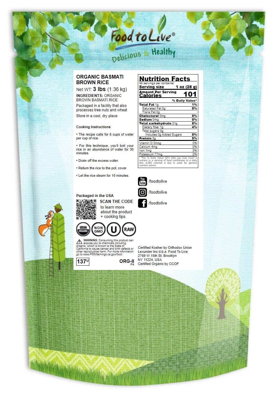 Food to Live – Arroz Basmati integral orgánico certificado (puro, grano largo, sin OGM, a granel)
