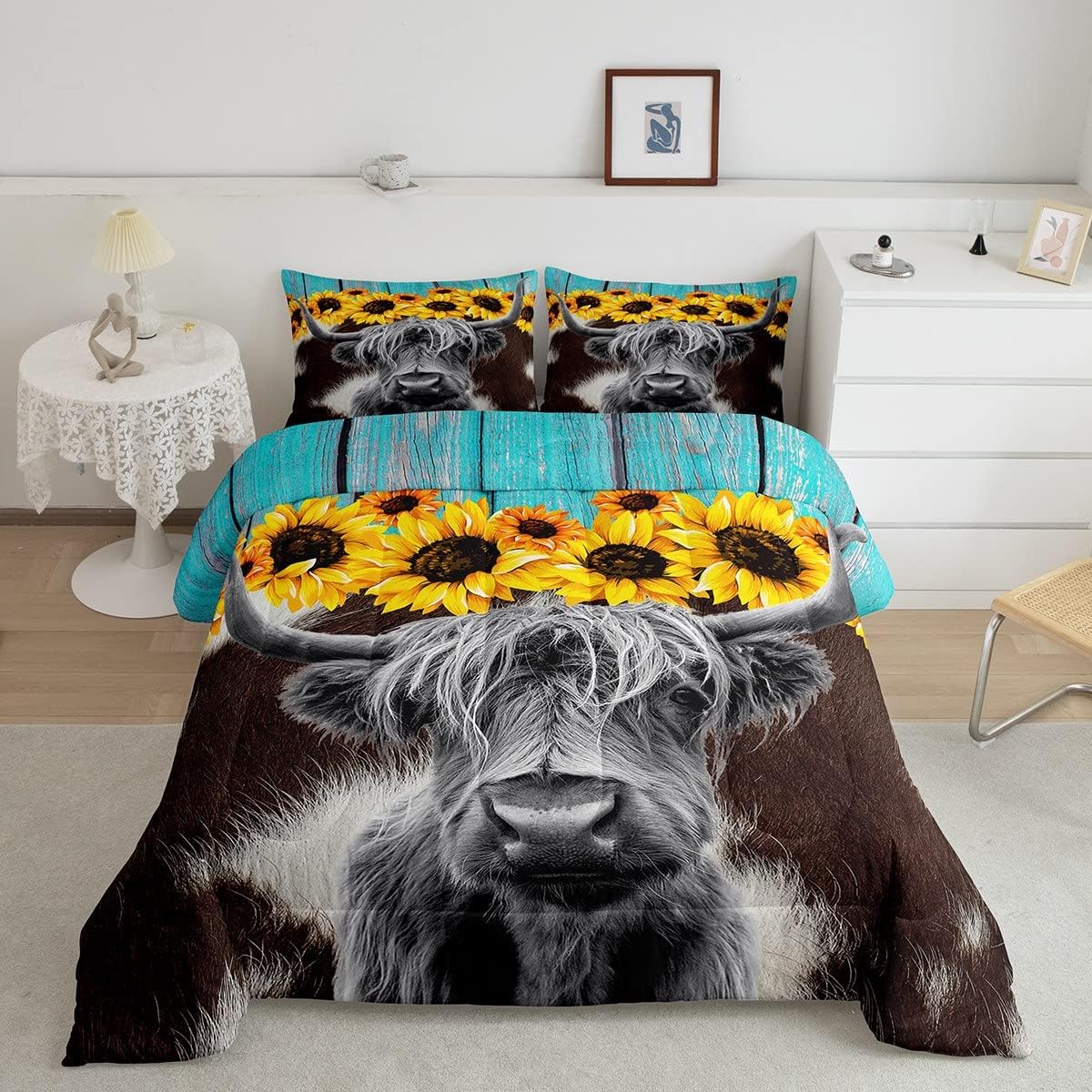 Juego de ropa de cama de vaca de las Highland, edredón con estampado de piel de vaca marrón para niños y niñas, edredón de girasoles en 3D,