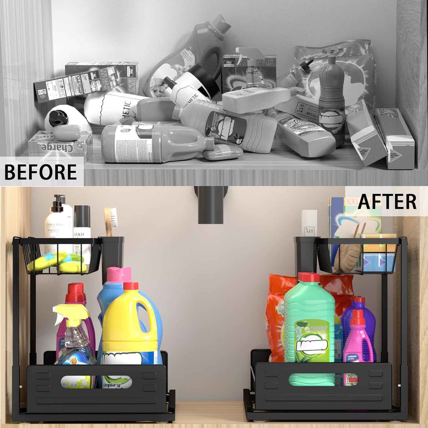 SPACEKEEPER Organizador para debajo del fregadero, 2 niveles deslizantes debajo del fregadero del baño, organizador de gabinete extraíble de